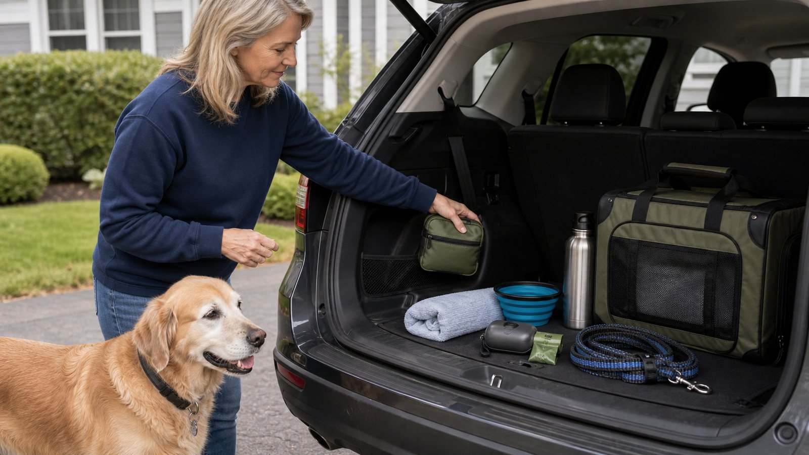 Dog first aid pouch stored in the cargo area with dog travel gear before a weekend trip