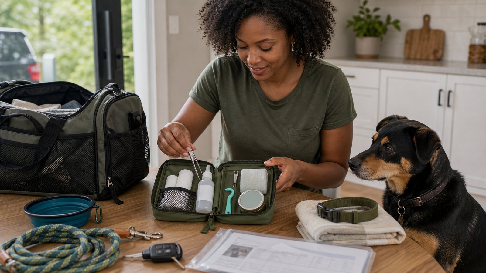 Dog owner packing a compact dog first aid kit at a kitchen table before a road trip