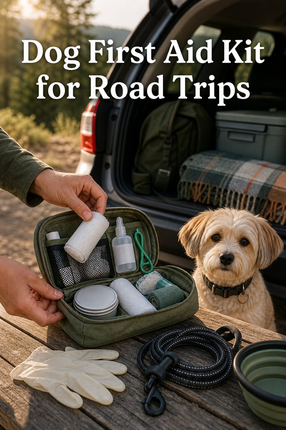 Pinterest image for a dog first aid kit for road trips