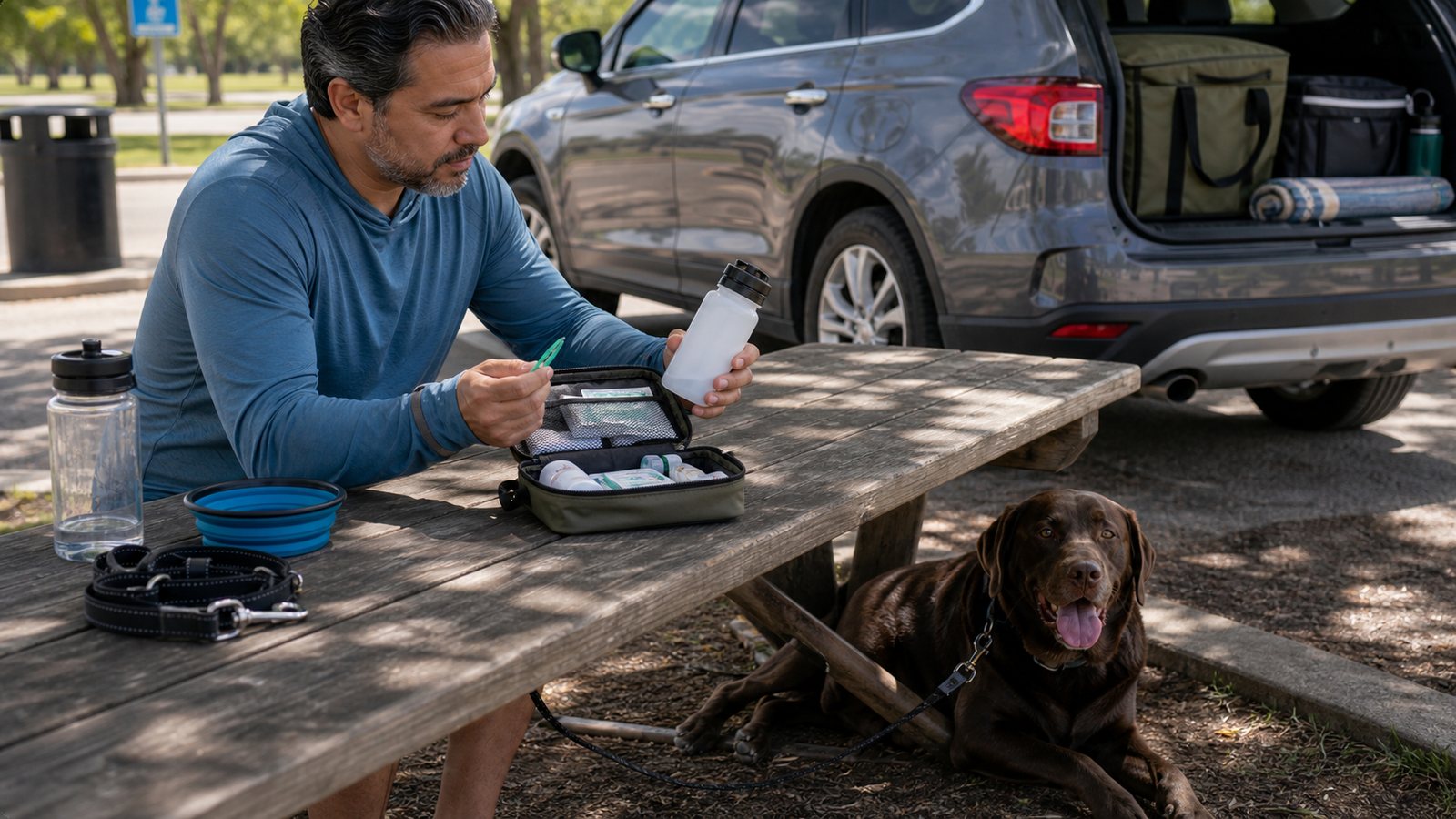 Dog owner checking a dog first aid kit at a shaded road trip rest stop