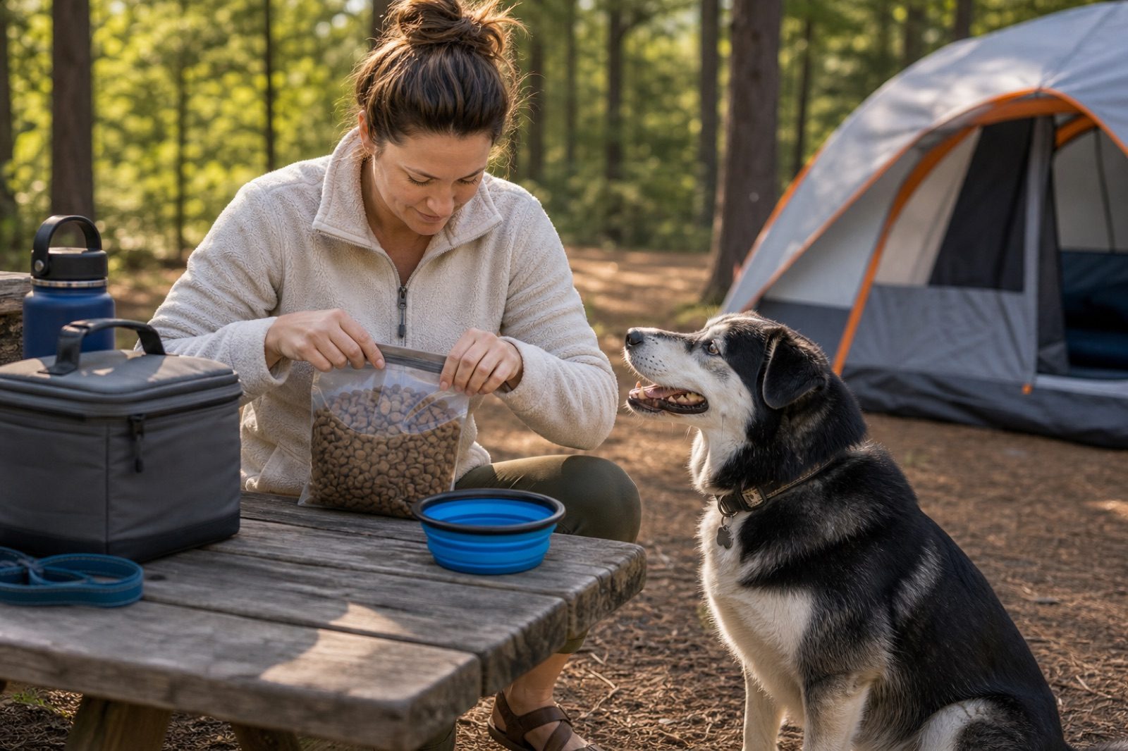 Dog food container, bowl, and water bottle arranged on a campground picnic table while a dog waits nearby