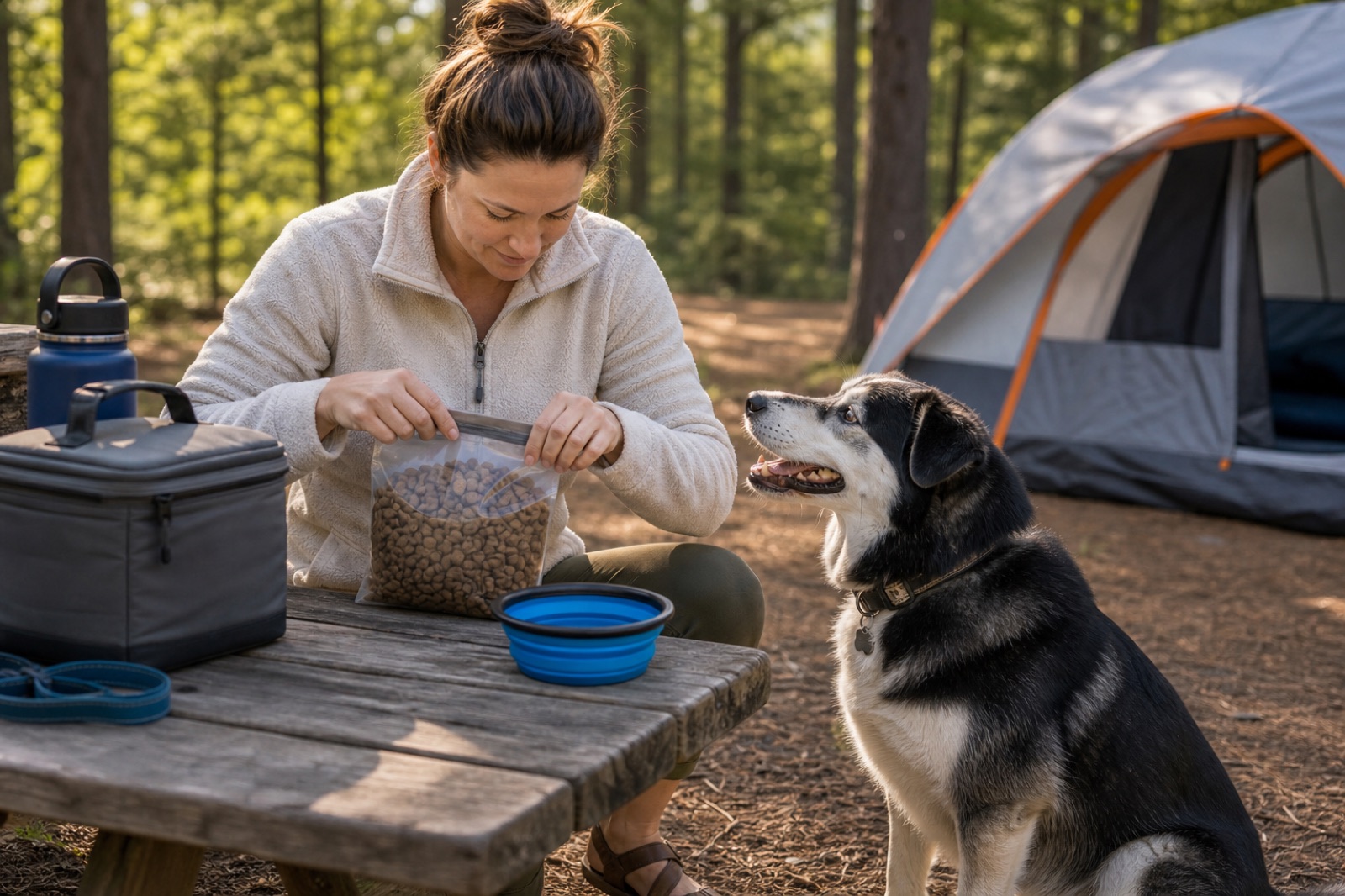 Dog owner at a campground picnic table sealing a dog food bag while a large black-and-white dog waits beside a collapsible bowl