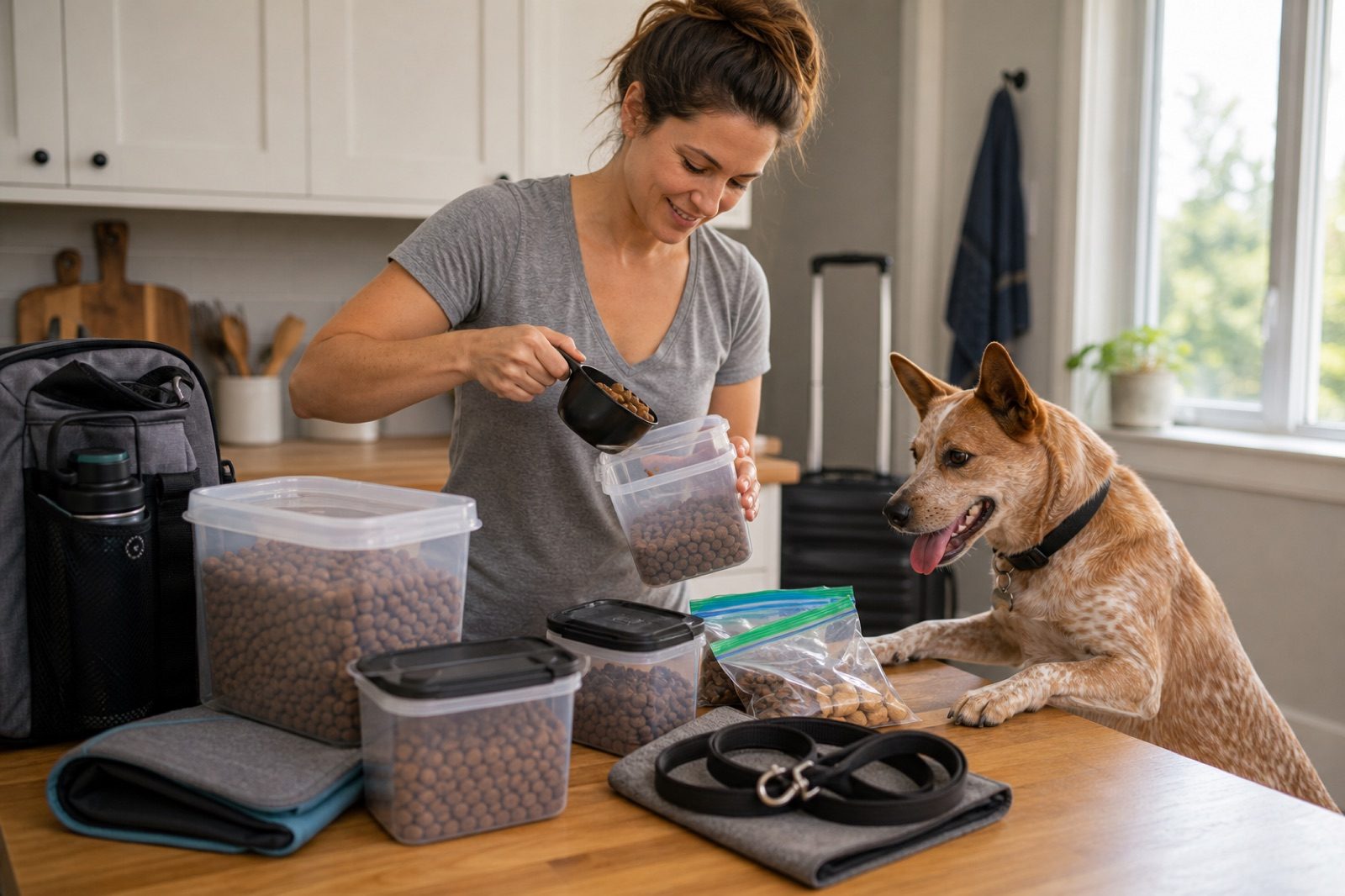 Dog owner feeding a dog from a sealed travel food container in a hotel room entry area