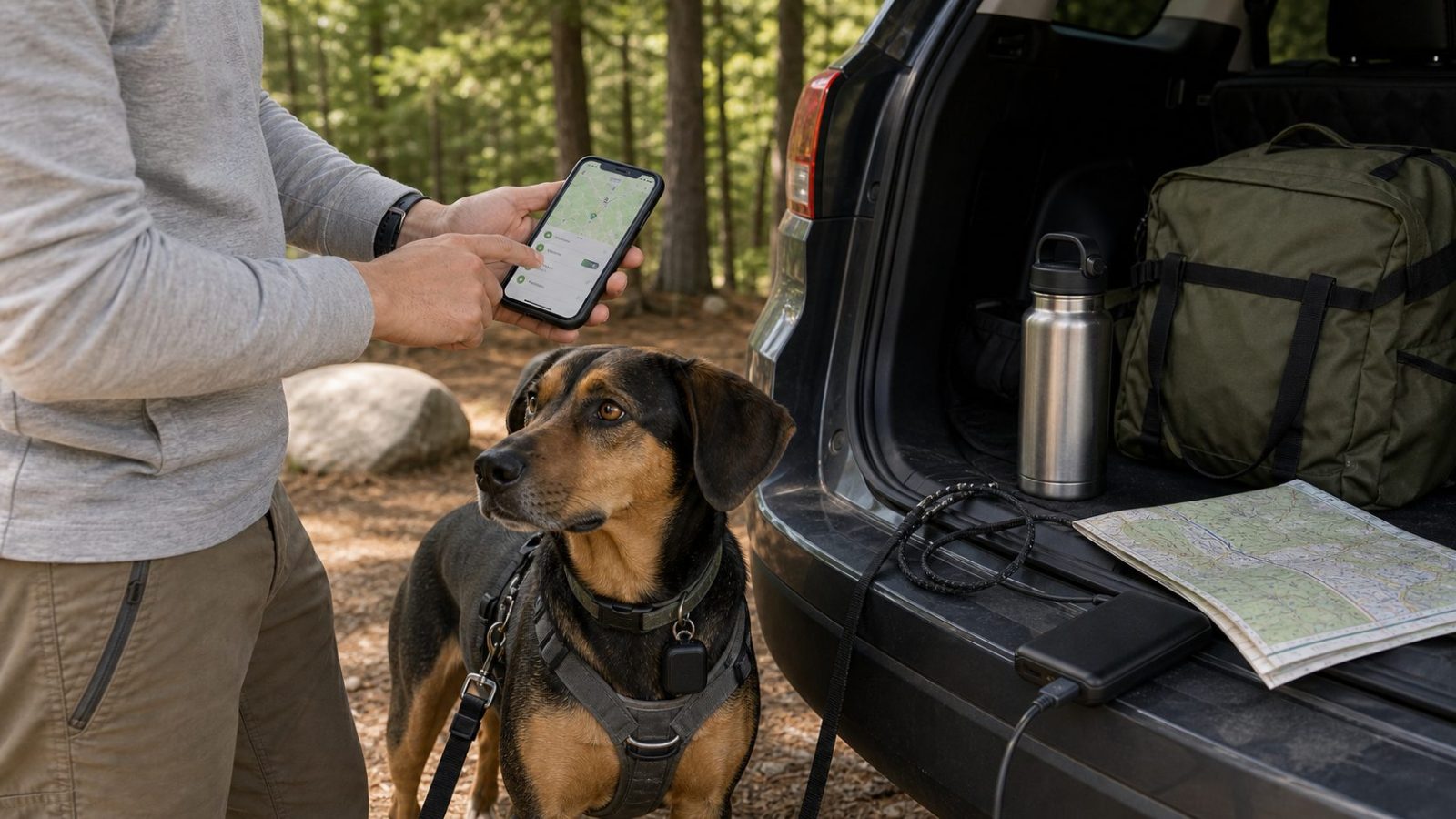 Dog owner checking GPS tracker coverage and battery at an SUV before leaving a campground