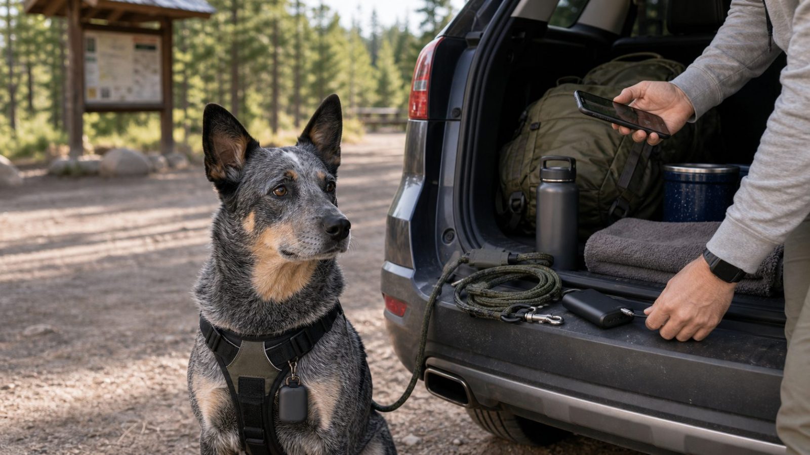 Dog owner checking a phone and portable charger beside an SUV while a dog wears a GPS tracker at a campground