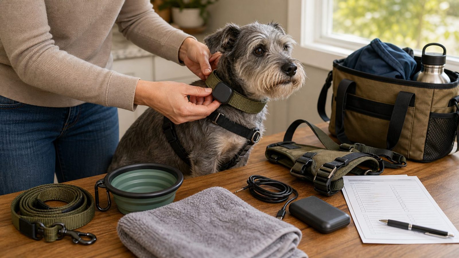 Dog owner checking that a GPS tracker is securely attached to a collar before packing for a camping trip