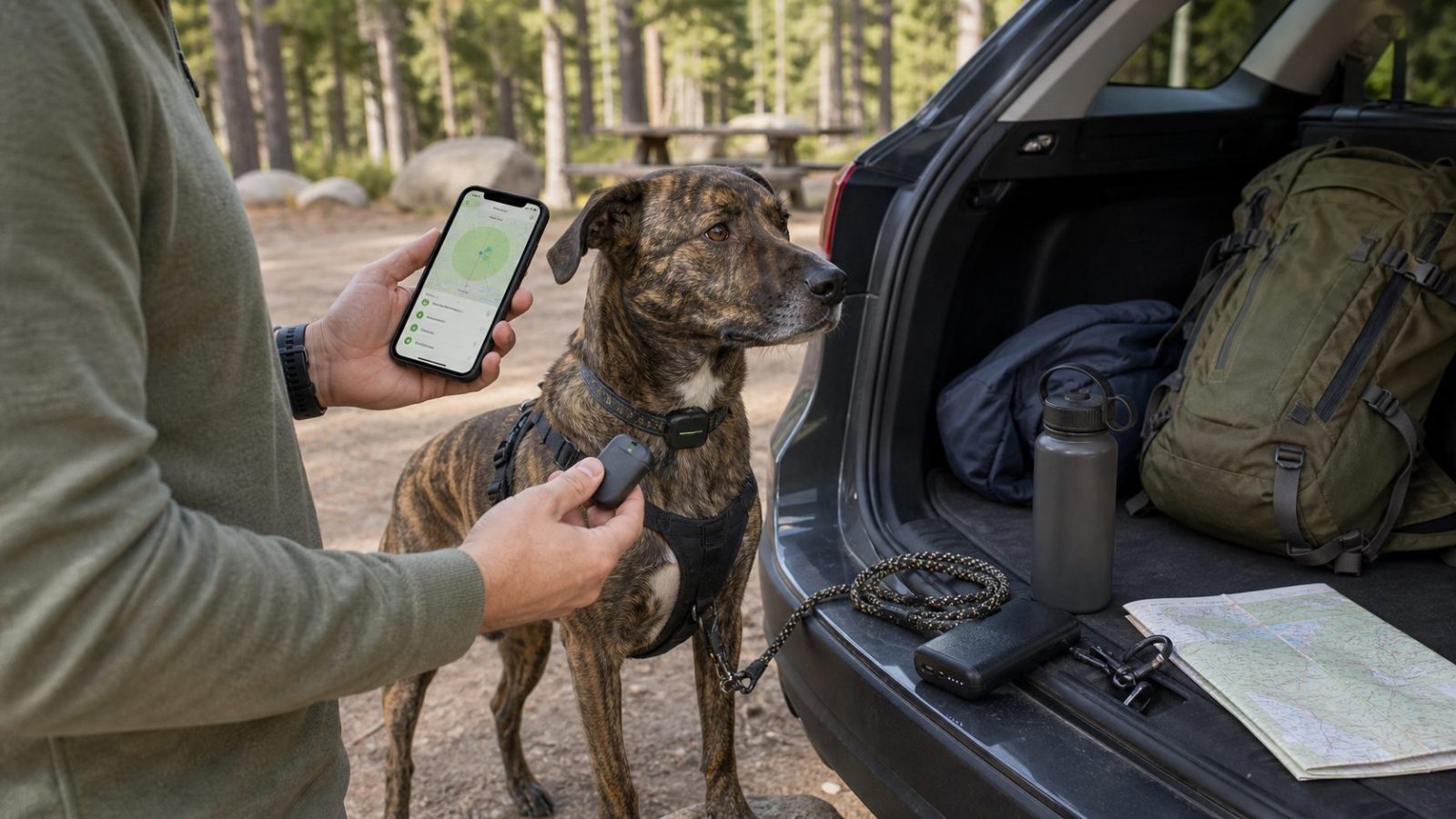 Dog owner checking GPS tracker coverage and battery at an SUV before a camping hike