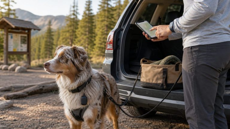 Dog owner checking a phone map beside an SUV while a dog wears a small tracker at a campground