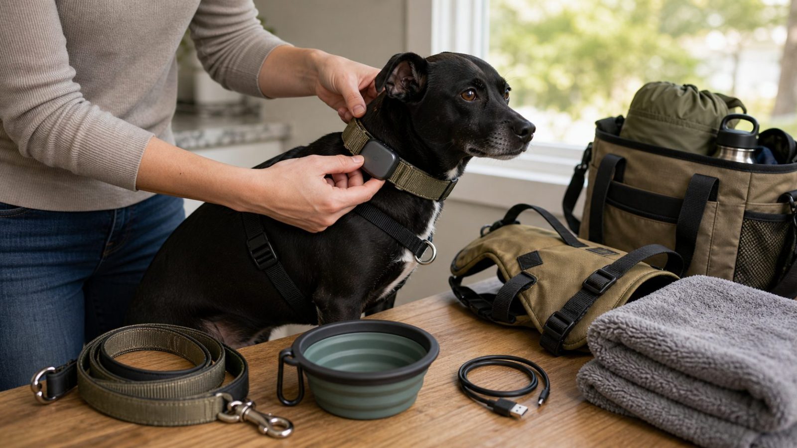 Dog owner checking a small tracker attachment on a collar beside dog travel gear