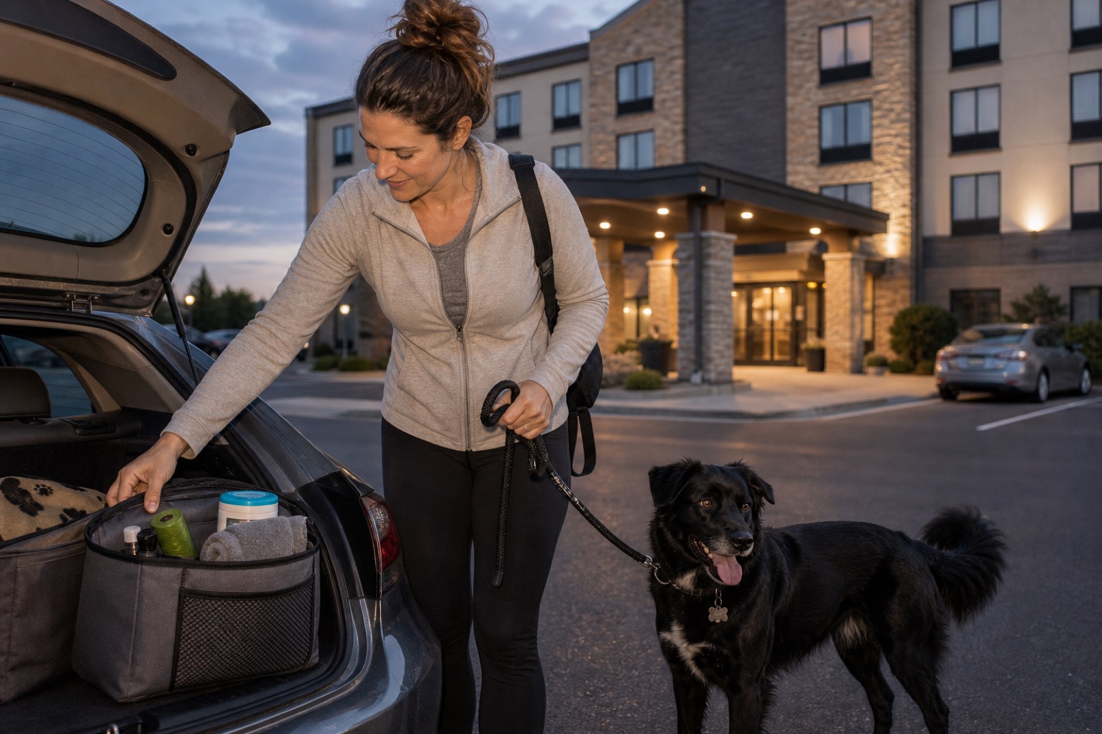 Dog owner at the open trunk of a sedan organizing a cleanup pouch, waste bags, towel, and dog wipes before heading into a hotel with a black dog