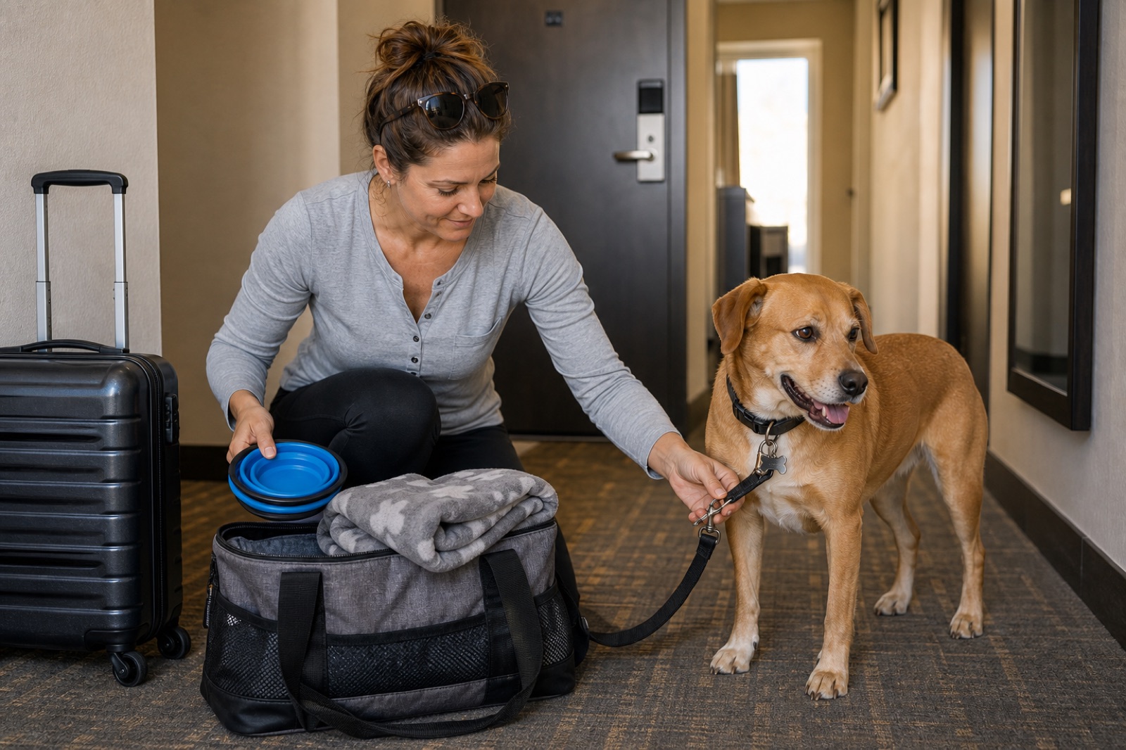 Dog owner in a hotel hallway at checkout time folding a dog blanket, clipping a leash to a tan dog, and packing a collapsible bowl and travel bag
