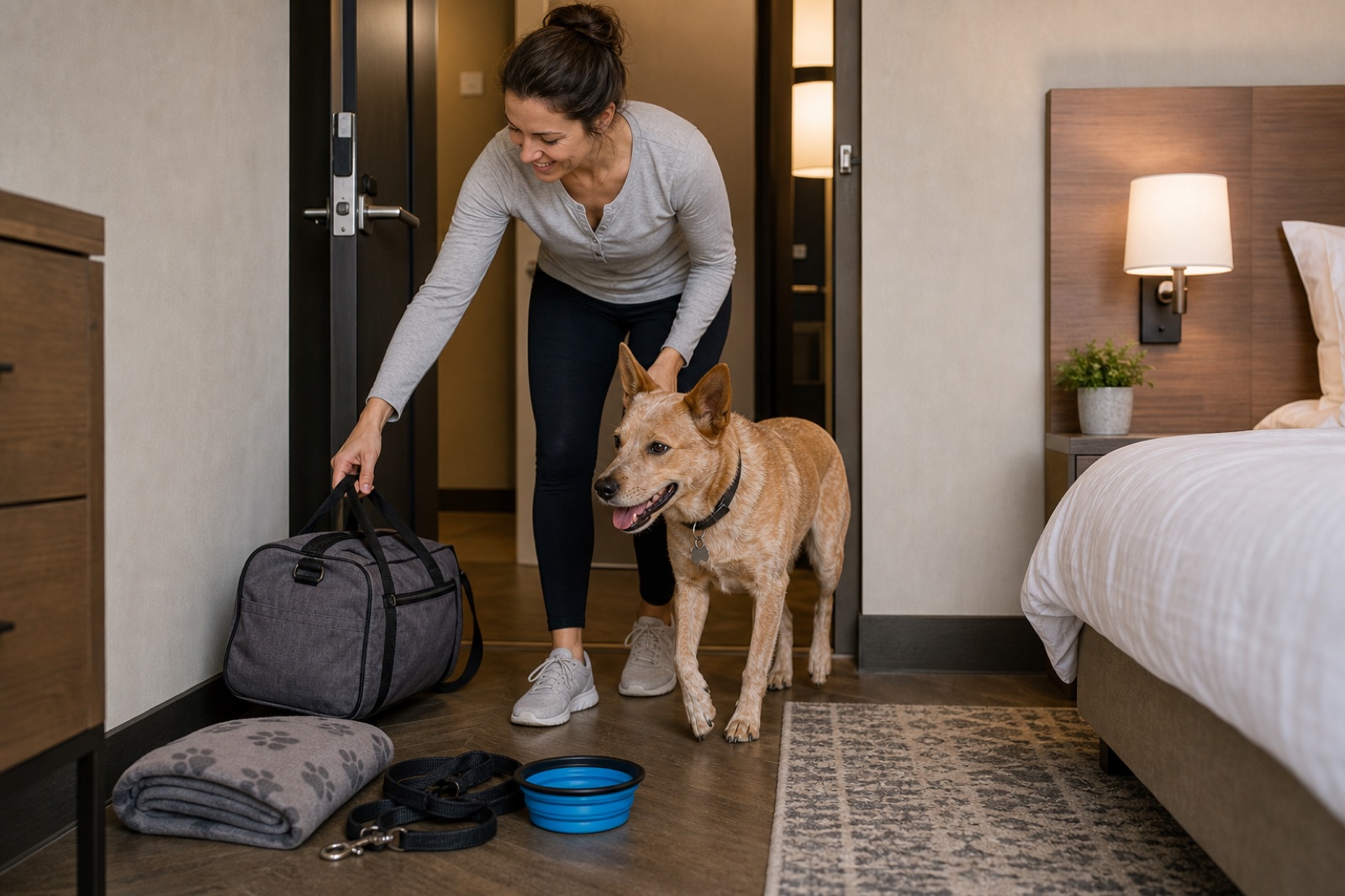 Dog owner entering a hotel room with a dog travel bag and medium dog