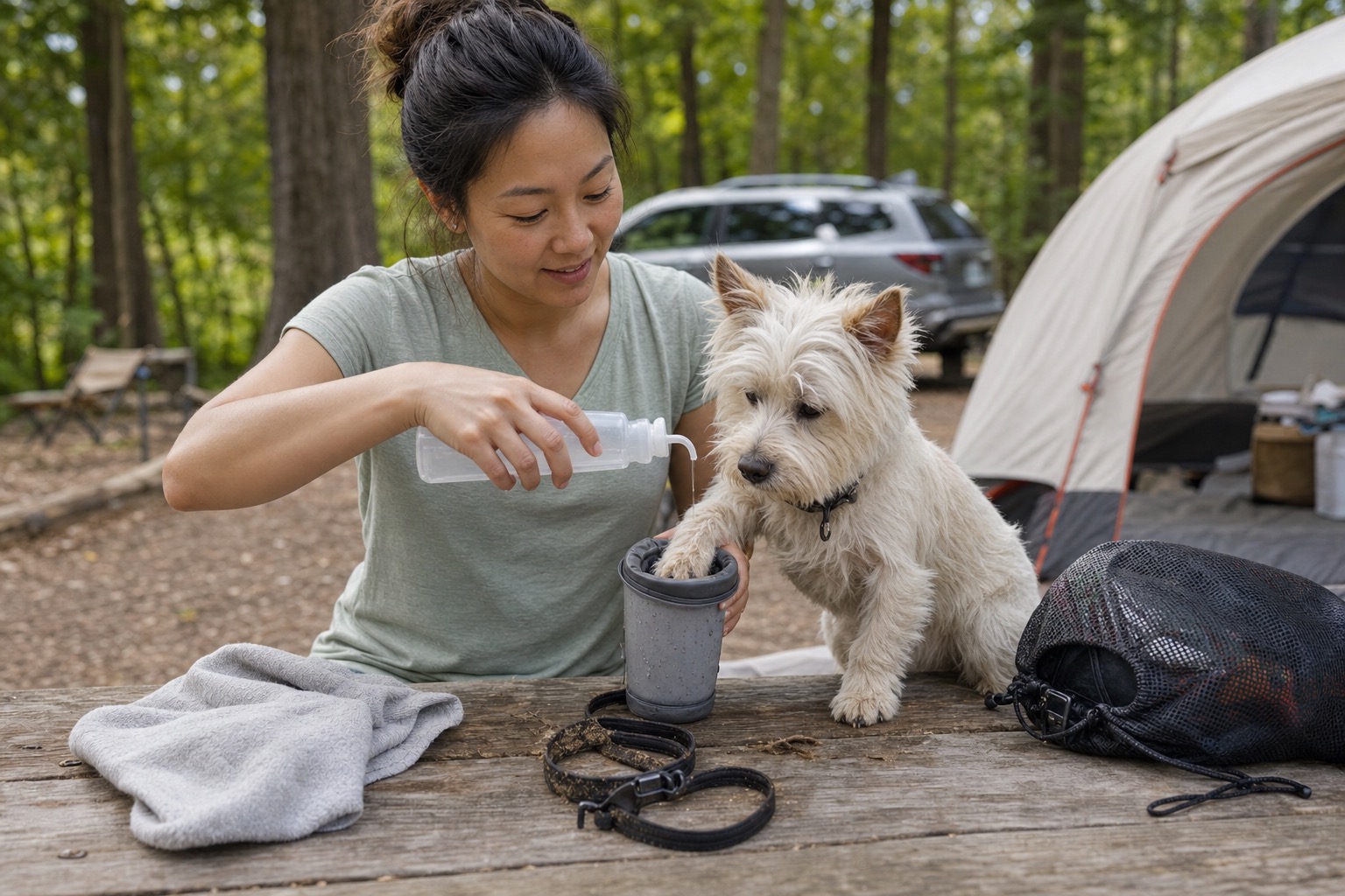 Asian woman rinsing a small cream dog’s paw with a paw washer cup at a campground picnic table with towel and mesh bag nearby