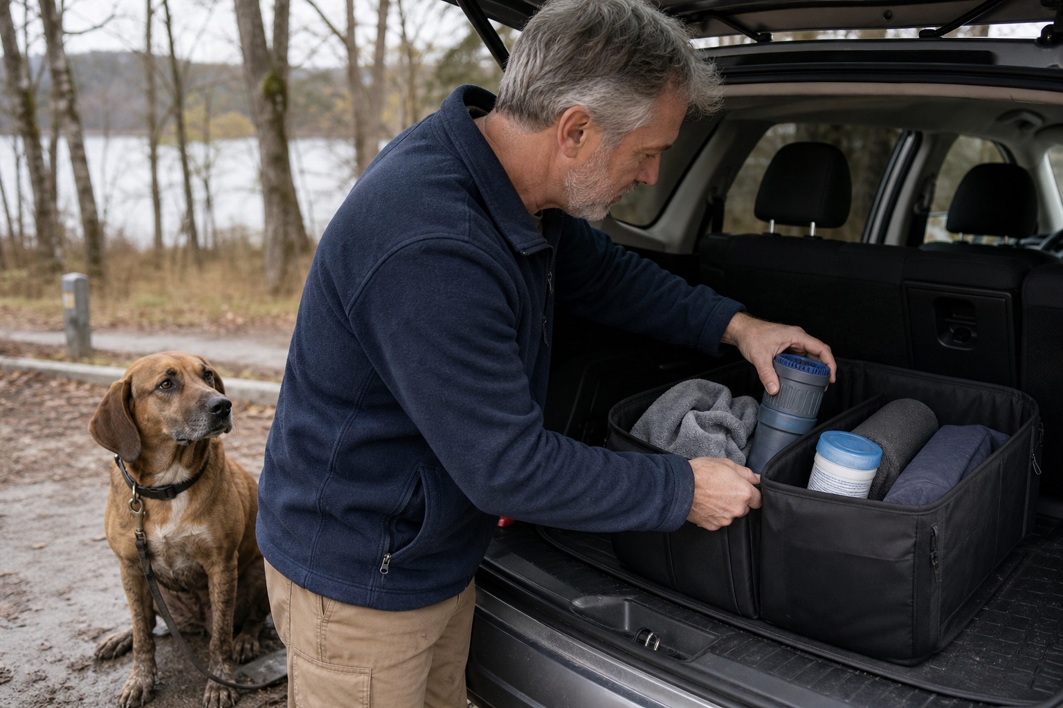 Older gray-haired man packing a dog paw washer, towel, wipes, and mat into a cargo organizer while a brown hound mix waits nearby