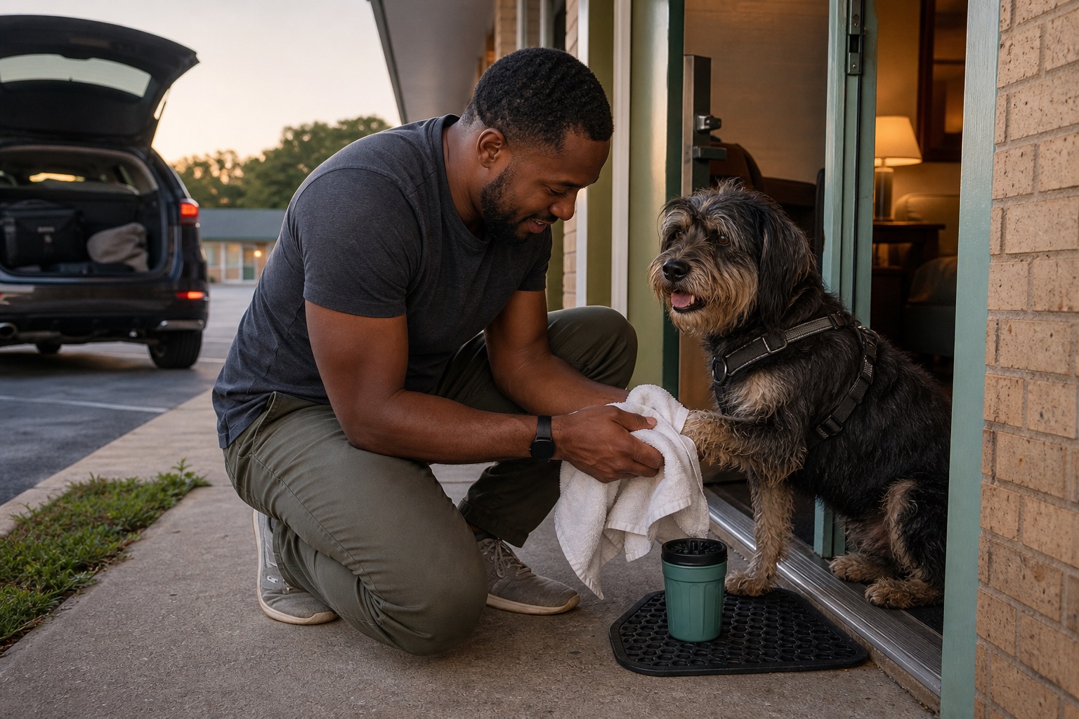 Black man wiping a shaggy dog's paw with a towel at a motel doorway while a paw washer cup sits on a small mat