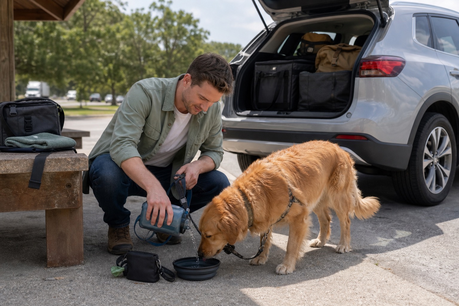 Dog owner offering water during a calm road trip rest stop beside a silver SUV and golden dog