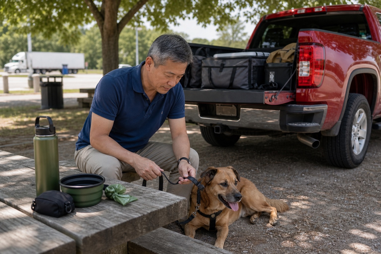 Middle-aged man pausing with a brown dog at a shaded highway picnic table during a road trip rest stop
