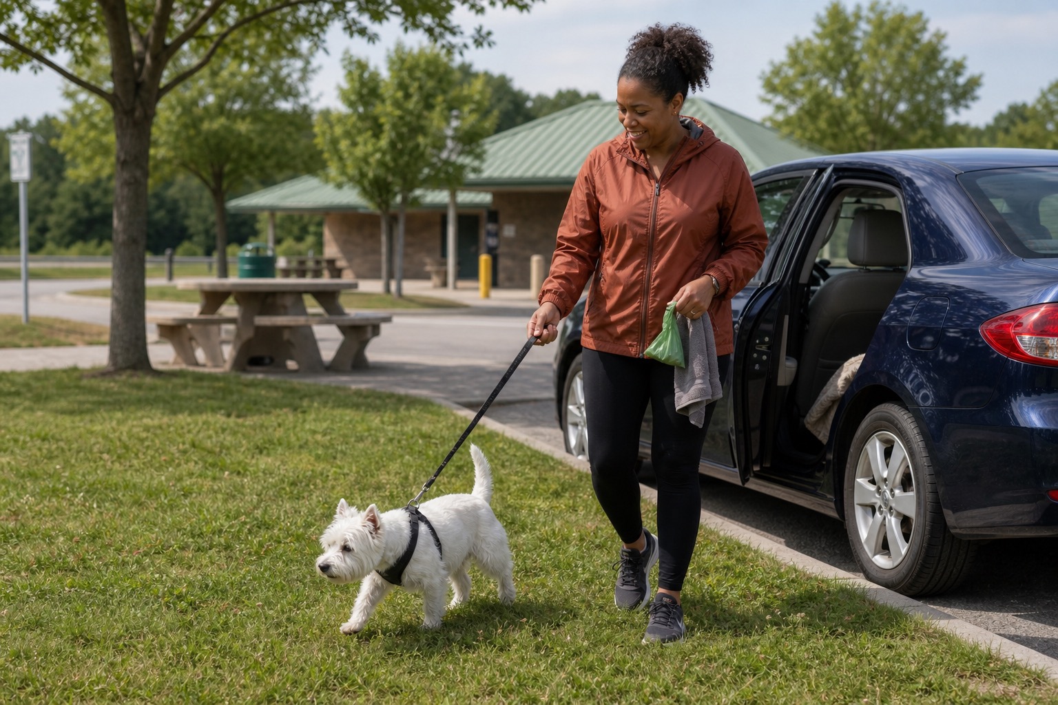Dog owner walking a small white terrier through a grassy rest stop relief area with a towel and waste bag in hand