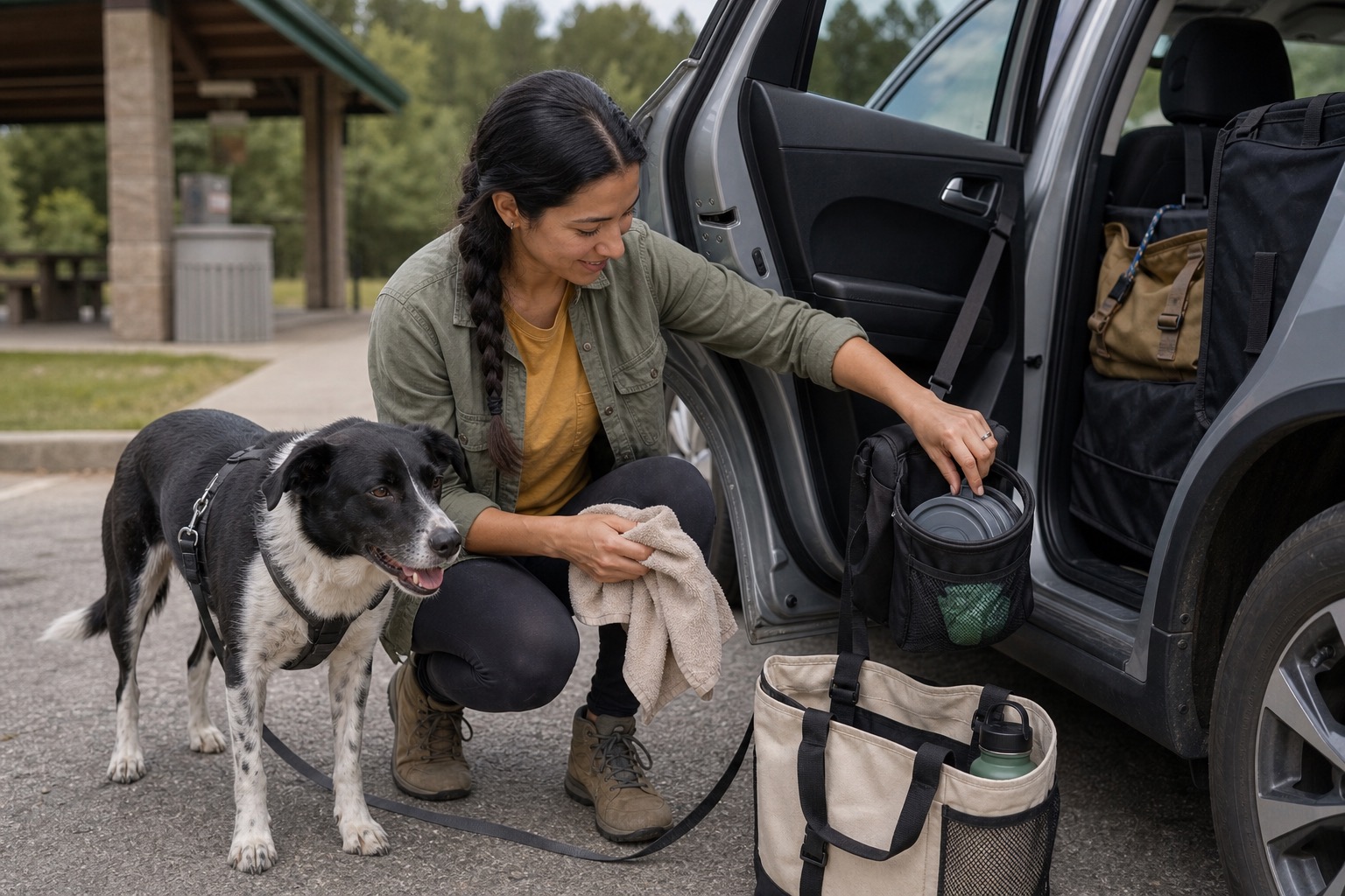 Young woman wiping a dog’s paws and stowing a collapsible bowl beside an open SUV door after a rest stop