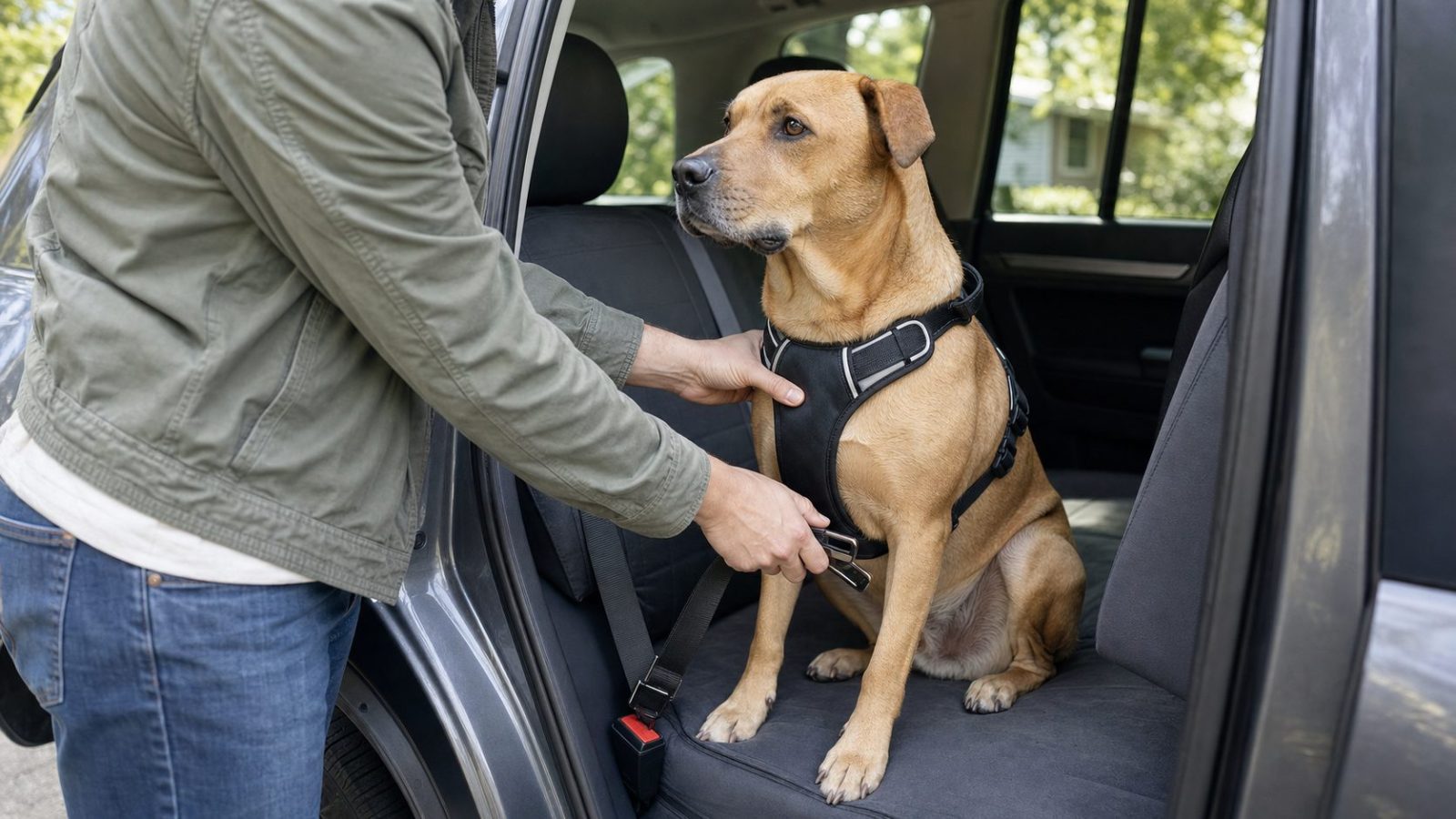 Dog owner checking a short seat belt tether attached to a harness on a tan dog in the back seat of an SUV