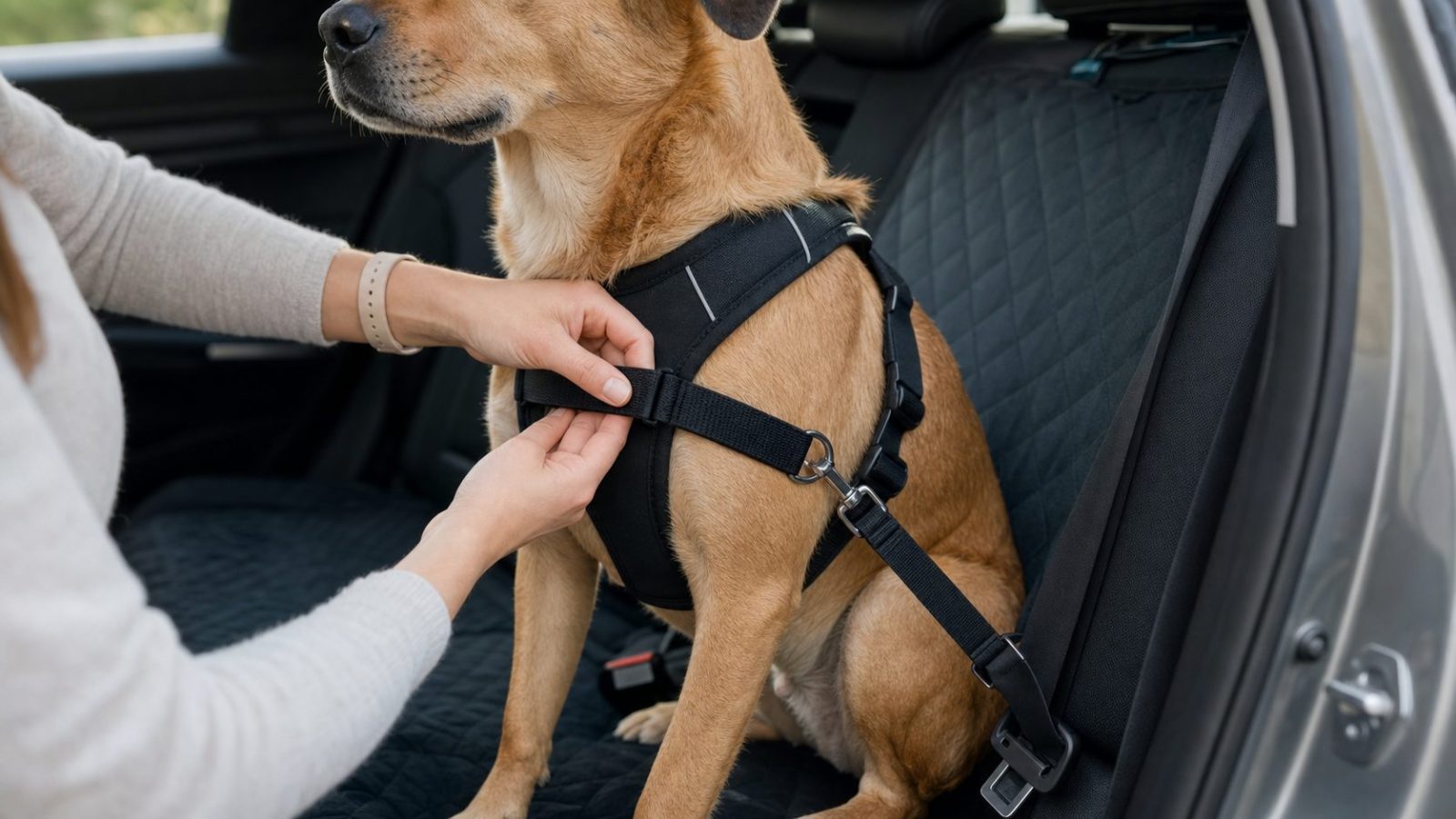 Dog owner checking the fit of a padded dog car harness before clipping in a seat belt tether
