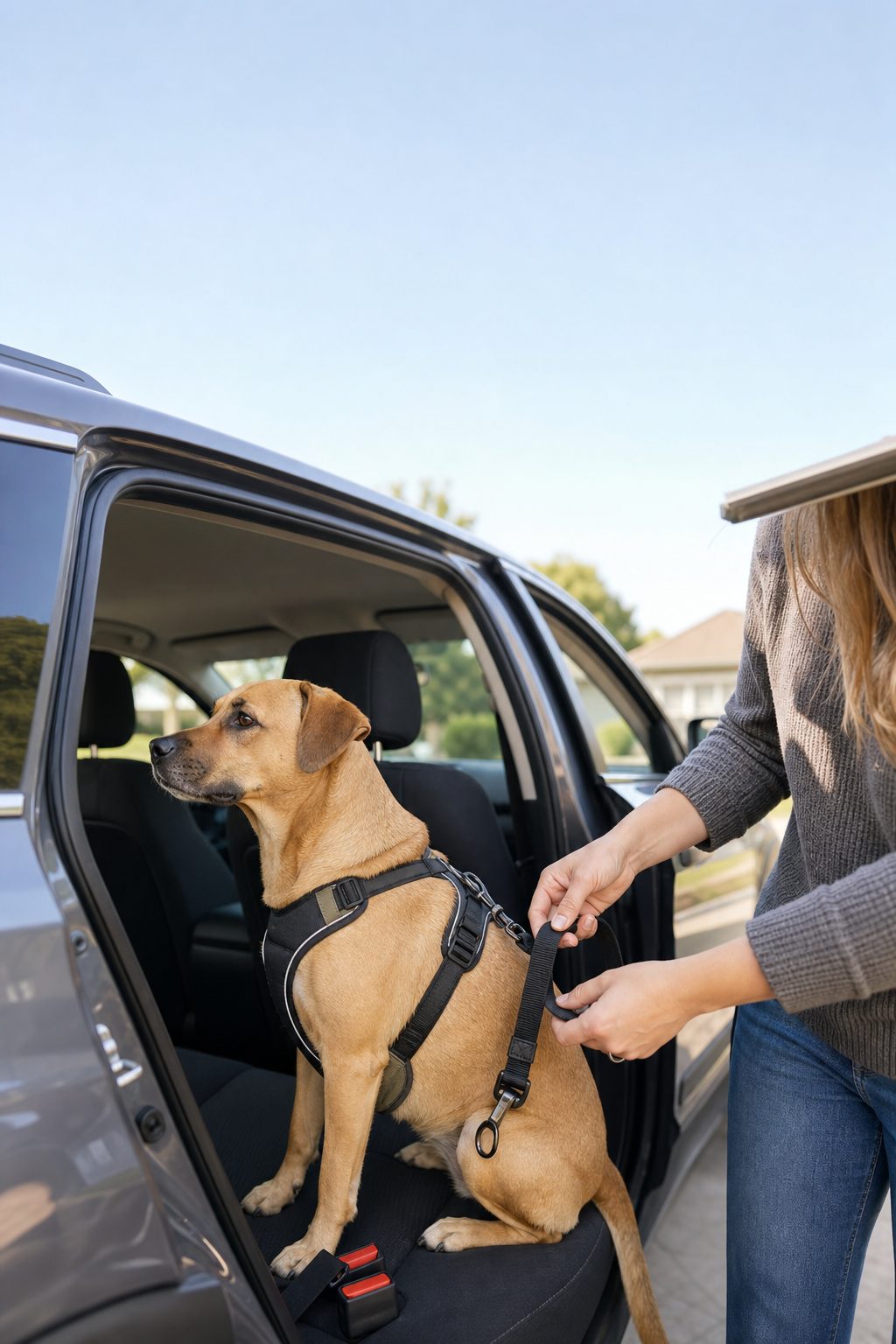 Dog owner checking a dog seat belt tether on a tan dog in an SUV back seat