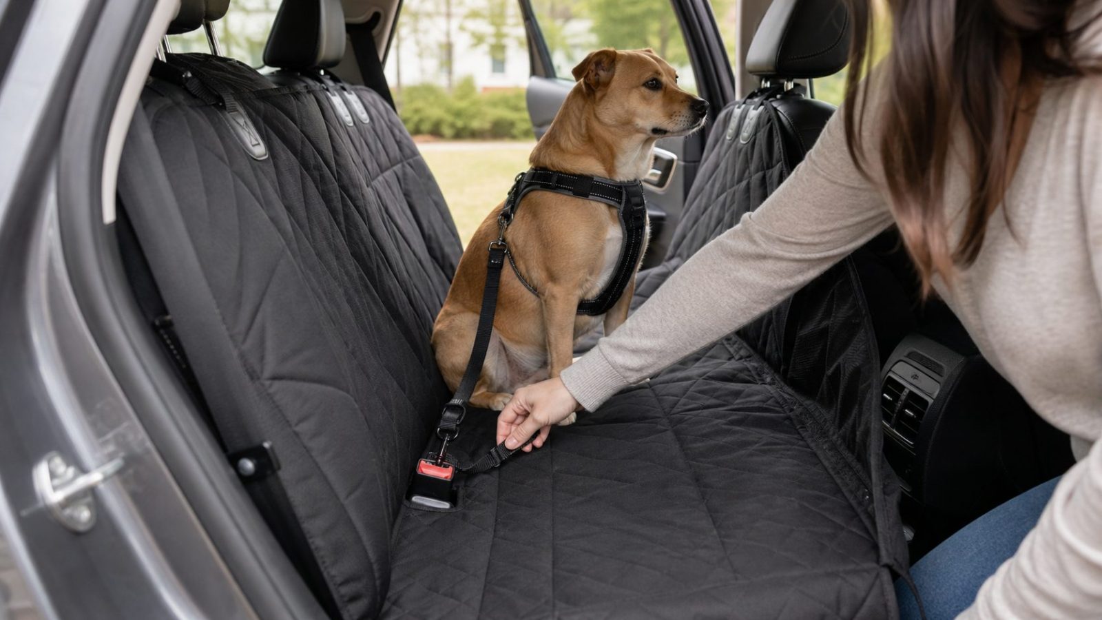 Dog seat cover with a visible buckle opening and a seat belt tether connected for car travel