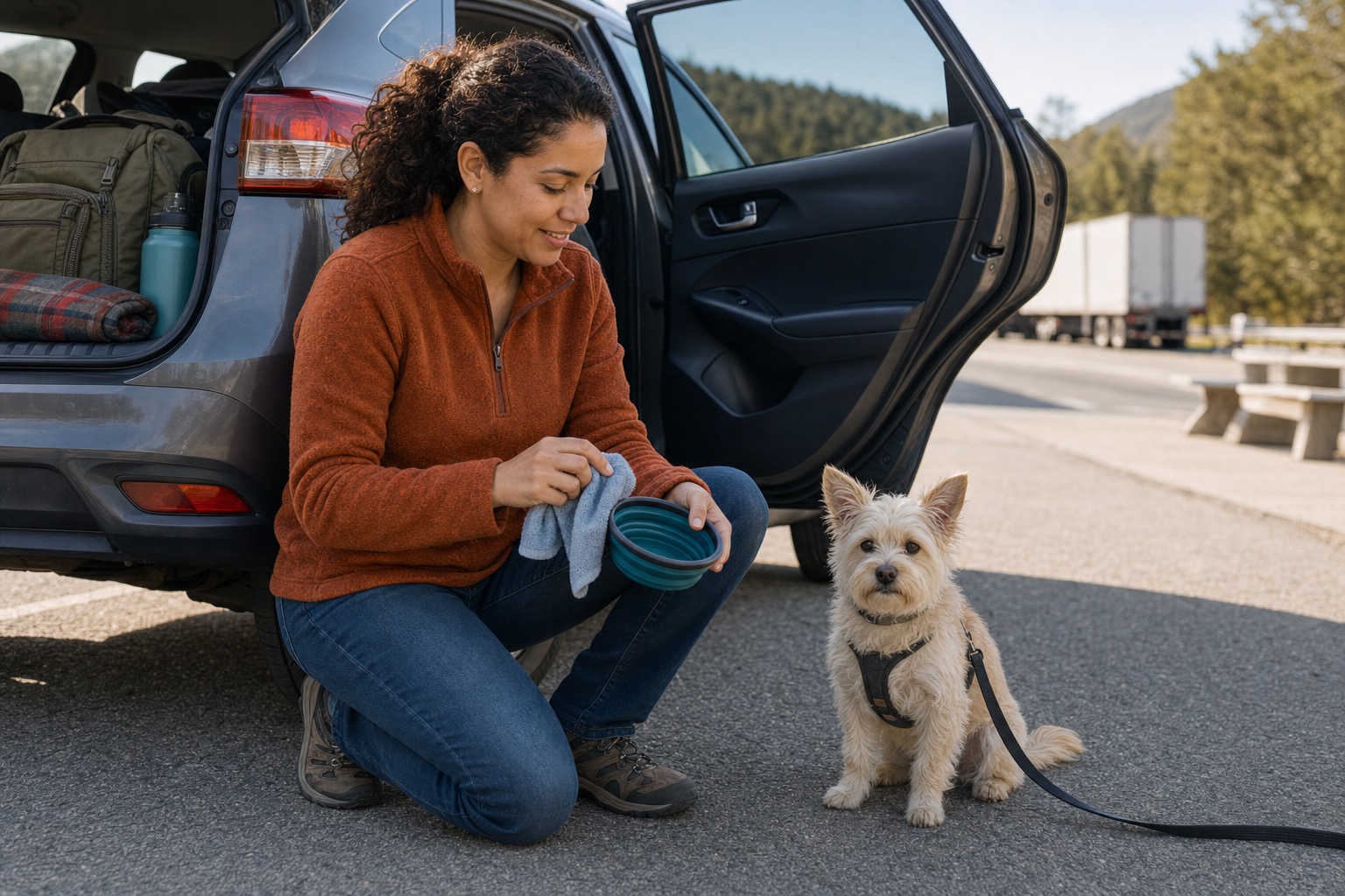 Dog owner wiping a collapsible travel bowl beside an open car door at a highway rest stop