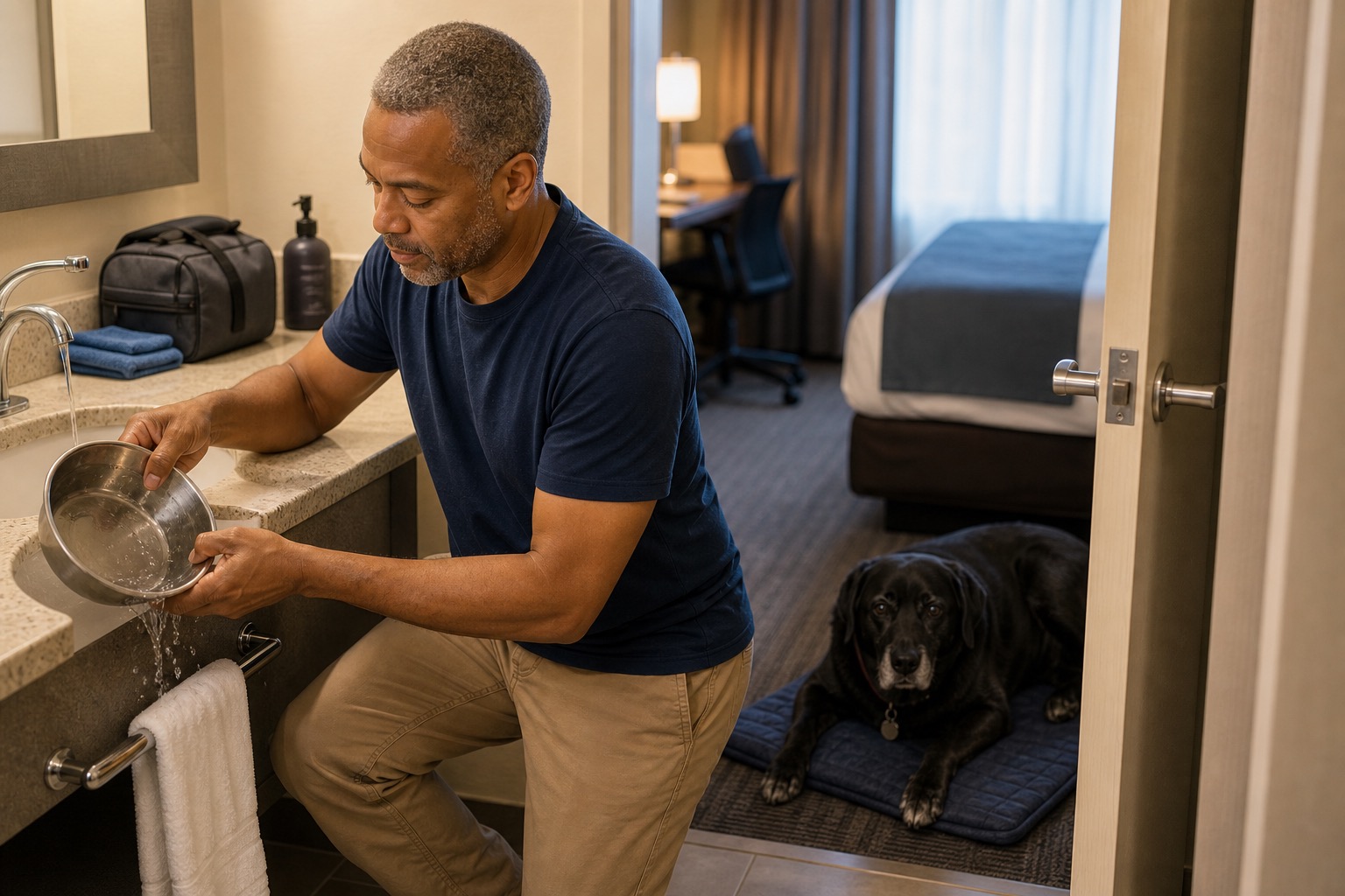 Dog owner rinsing a stainless steel dog bowl in a hotel bathroom while a dog rests nearby