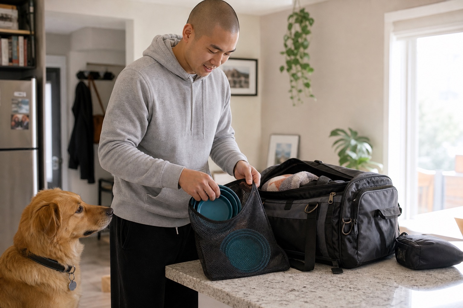 Dog owner packing clean travel bowls into a mesh drying pouch beside a dog overnight bag