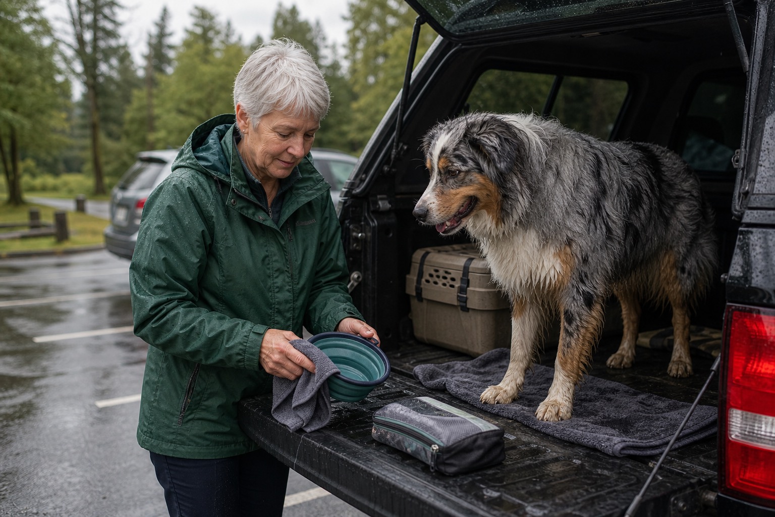 Dog owner wiping a damp travel bowl on a pickup tailgate after a rainy walk with a wet dog nearby