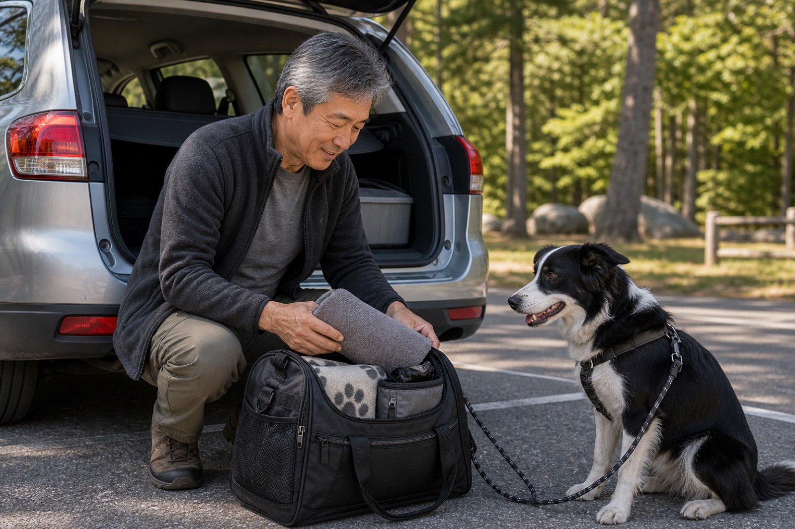 Older Asian man checking a compact dog overnight bag with a folded towel, blanket, and cleanup pouch at the open trunk of a wagon while a black-and-white dog waits on leash