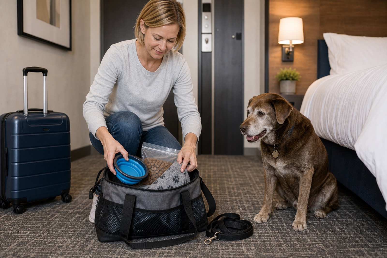 Short-haired blonde woman in a hotel room at checkout repacking a small dog travel bag with a bowl, food pouch, leash, and blanket while a senior brown dog waits beside the bed