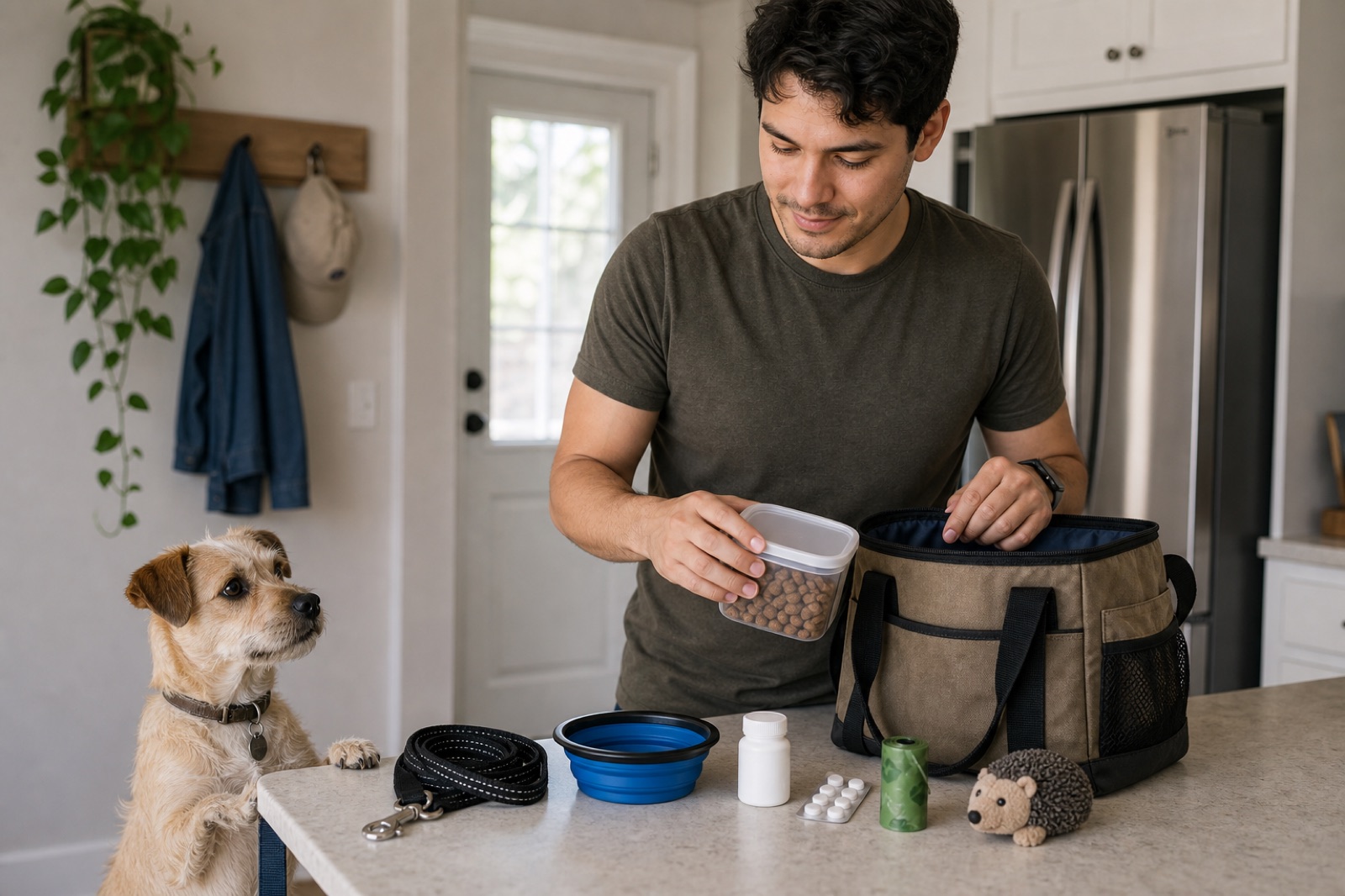 Young Latino man laying out only the essentials for a dog's overnight bag on a kitchen counter while a small tan terrier mix watches nearby