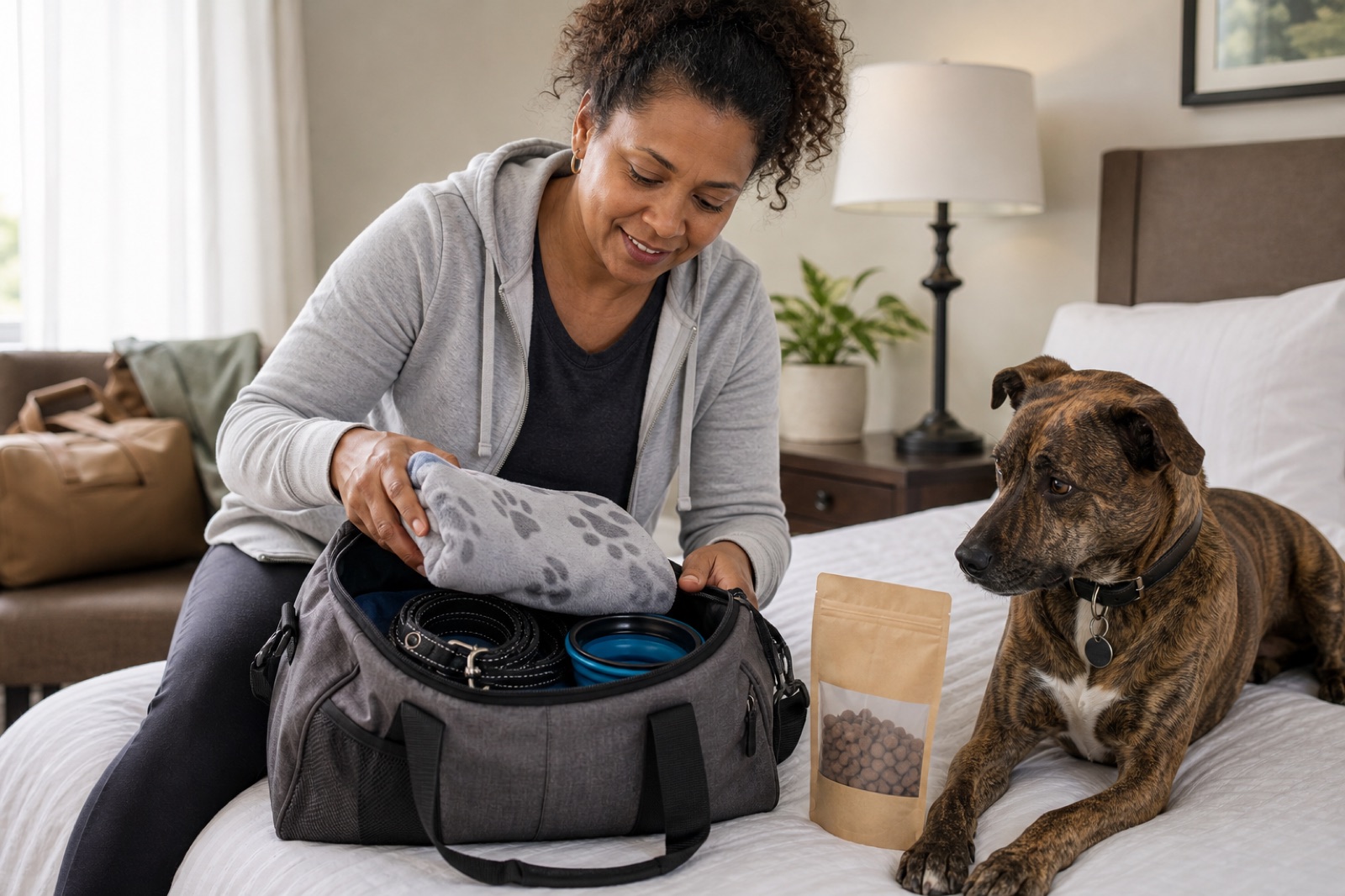Dog owner packing a compact overnight bag for a dog with only the key travel essentials