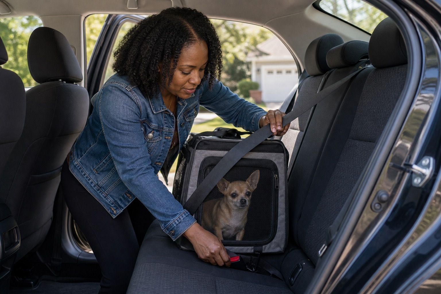 Dog owner securing a small soft-sided dog carrier on a rear car seat with a seat belt