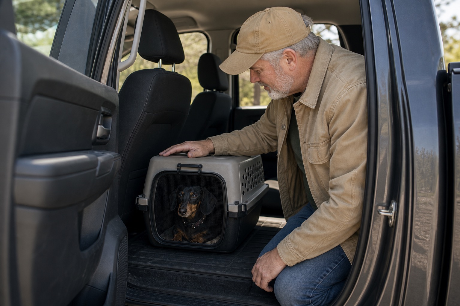 Dog owner checking that a hard-sided small dog carrier sits flat in the rear floor area of an SUV