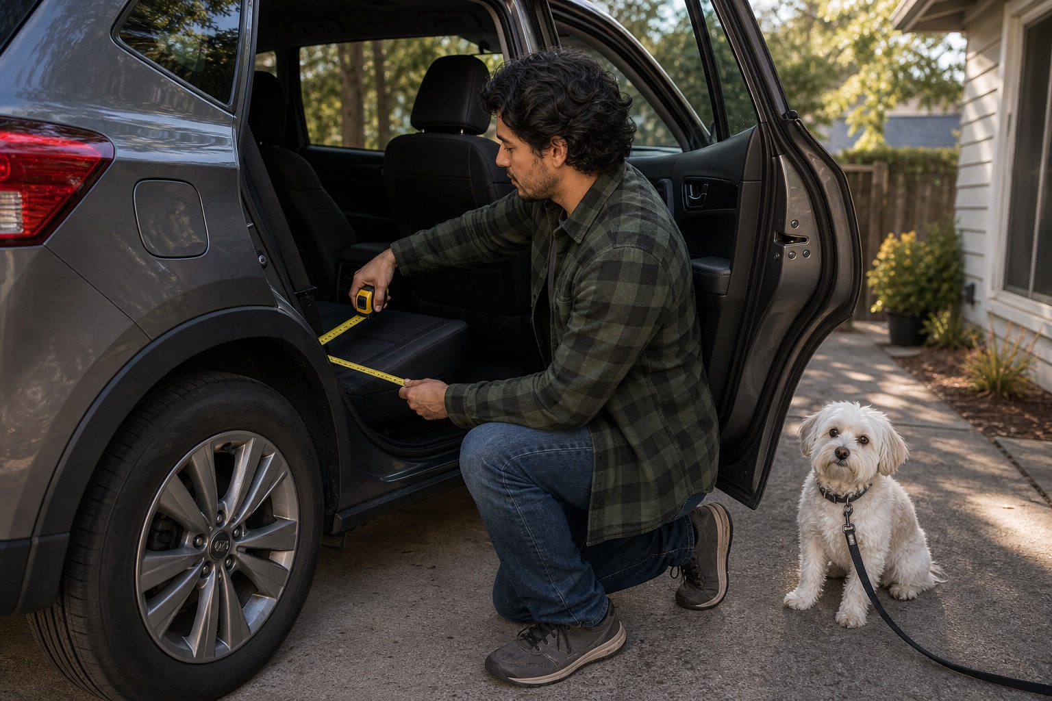 Dog owner measuring the rear seat space of a compact SUV before placing a small dog carrier
