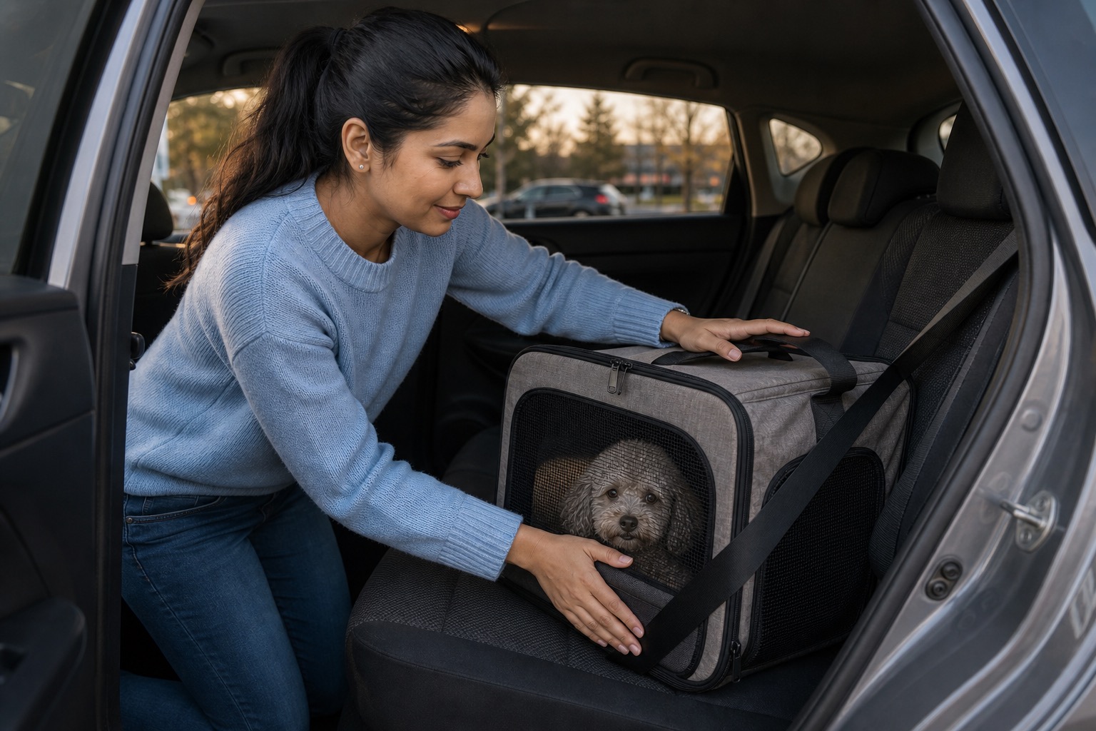 Dog owner checking a small dog carrier on the rear seat after routing the seat belt around it