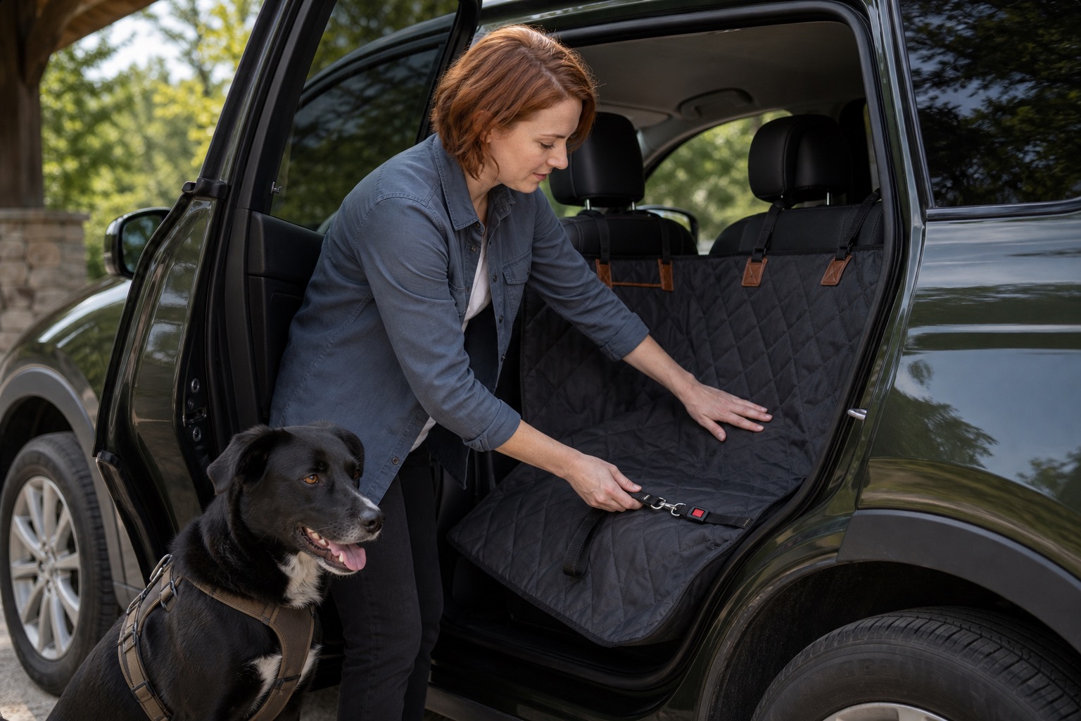 Dog owner setting up a rear seat cover and harness tether in the back seat of an SUV before a dog road trip
