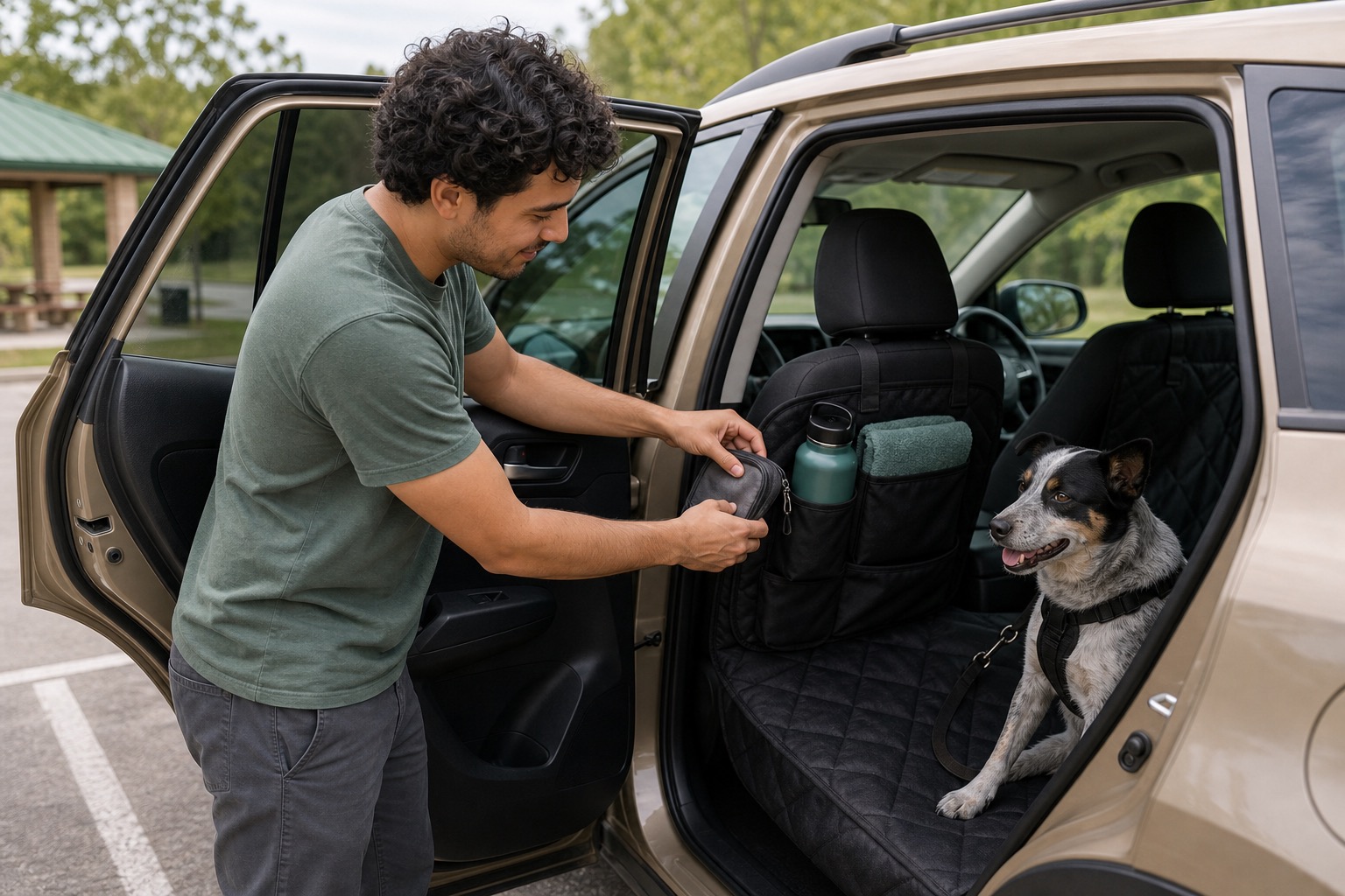 Young man placing a water bottle and small pouch into a seat-back organizer while a speckled dog sits calmly on a rear seat cover