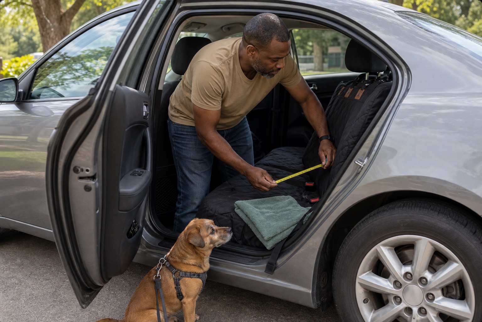Man measuring the rear bench and checking buckle access on a covered back seat while a small dog waits nearby