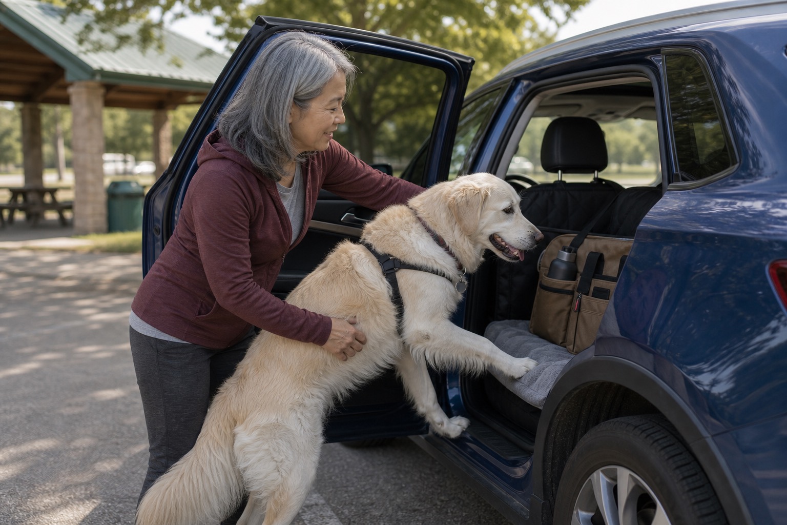 Older woman guiding a large cream dog into a blue SUV back seat with a blanket and clear settling space already prepared