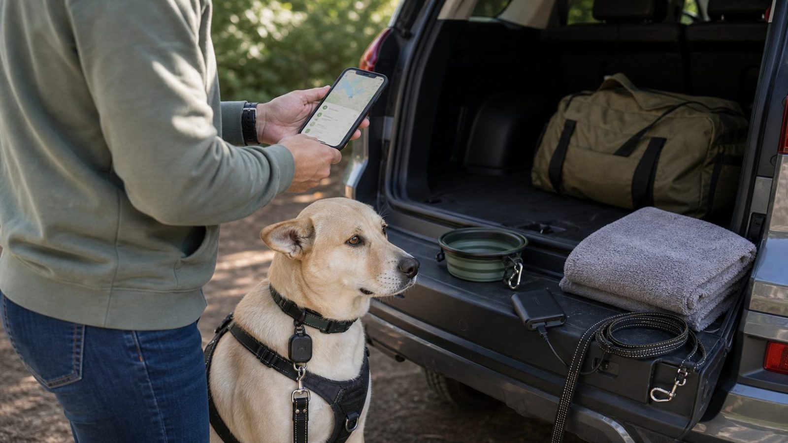 Dog owner checking a GPS tracker app and charging setup beside an SUV before a road trip