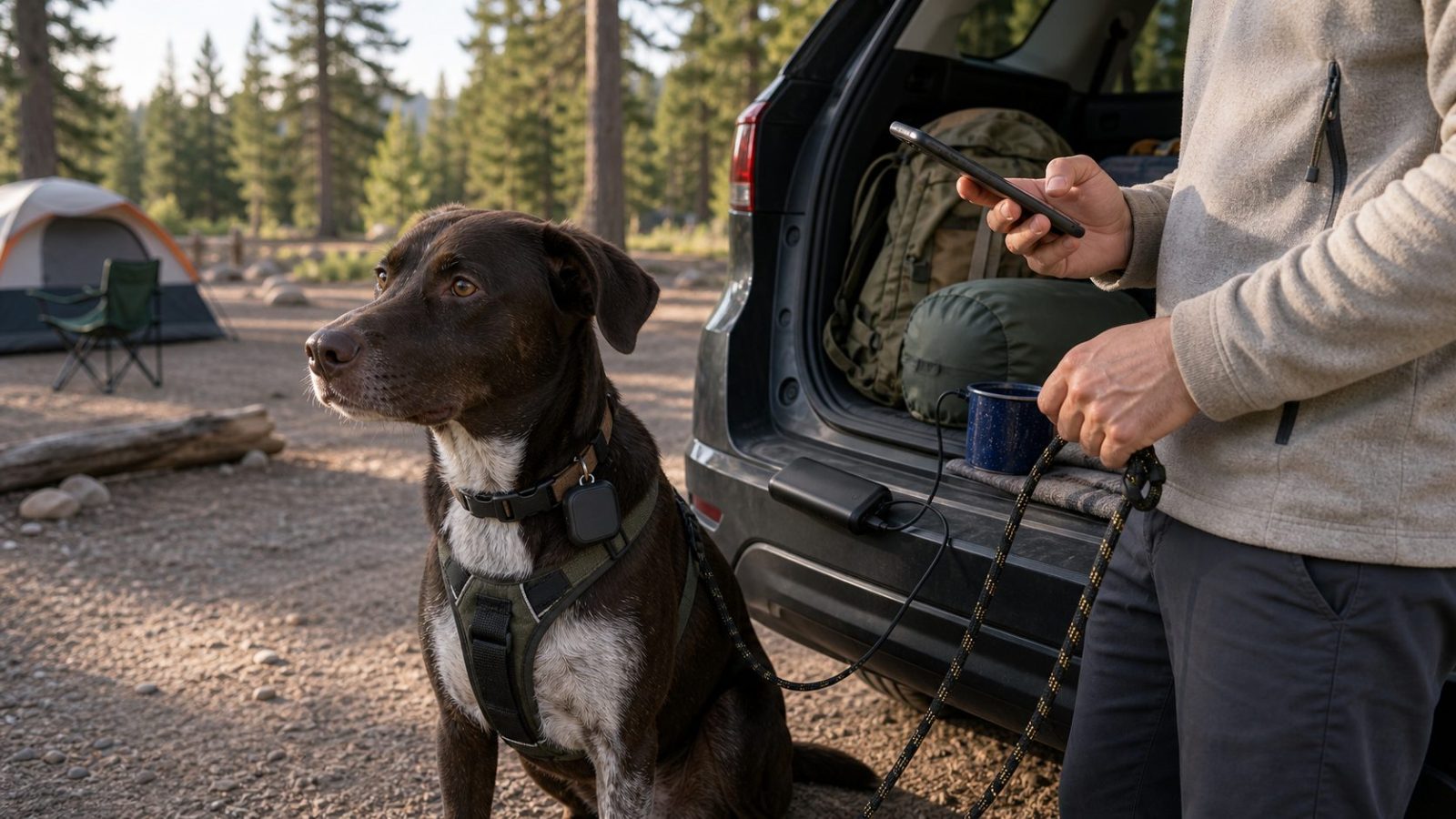 Dog owner checking a phone map beside an SUV while a dog wears a GPS tracker at a campground
