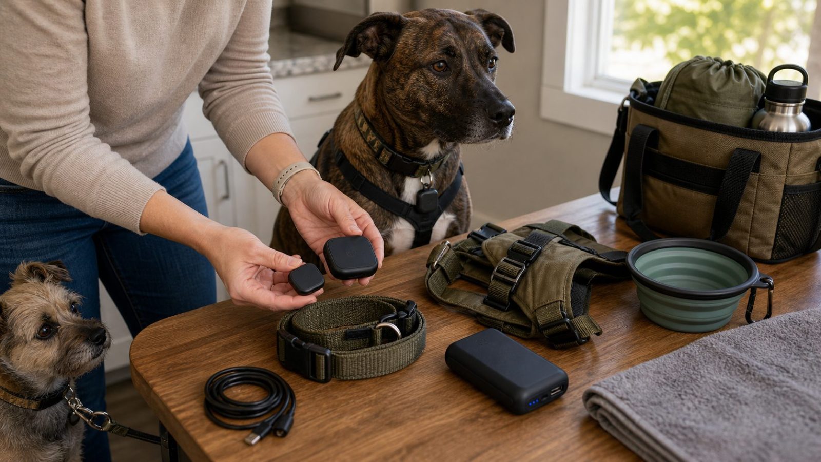 Dog owner comparing small and larger GPS tracker sizes beside dog travel gear before a camping trip