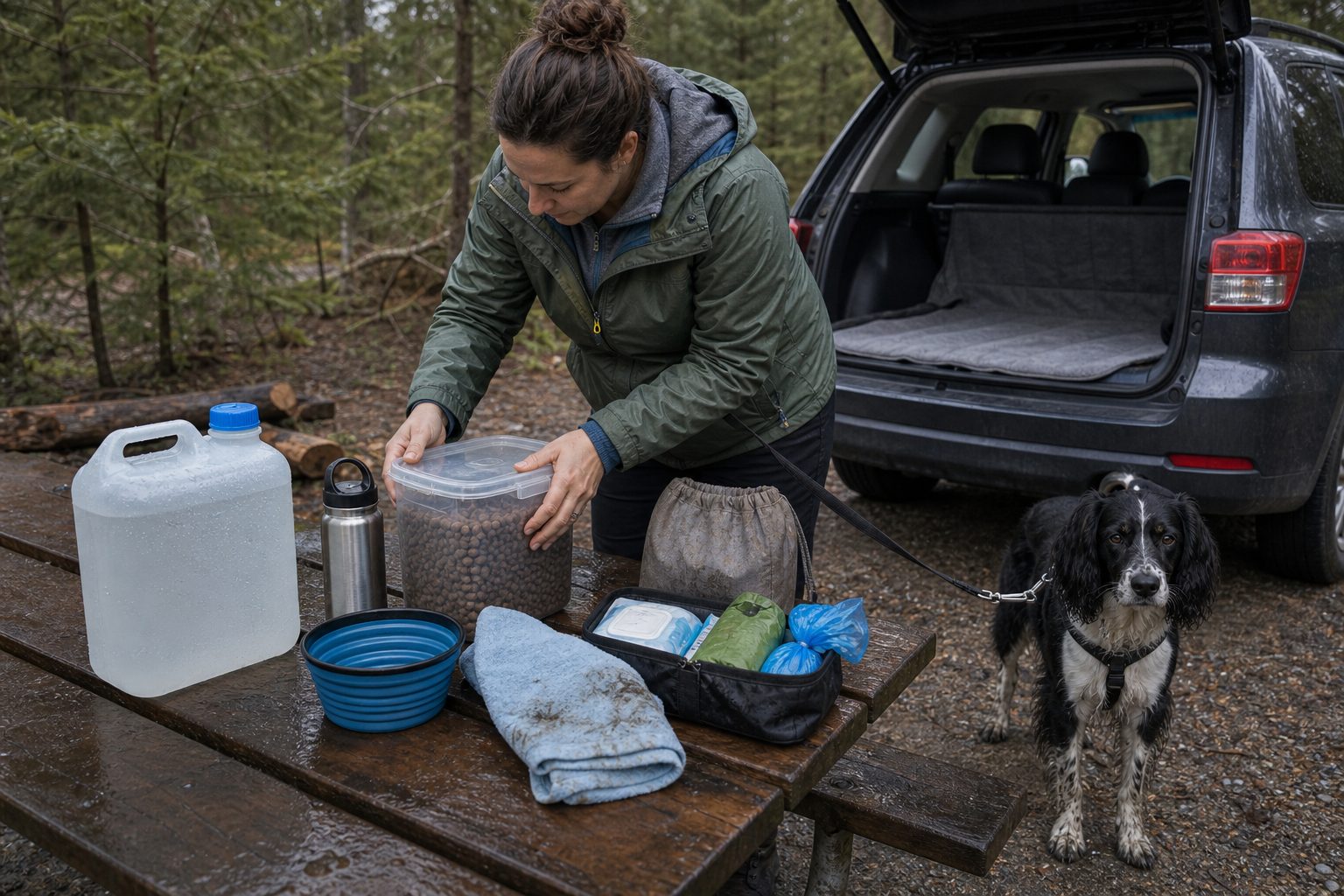 Dog food, water, towel, and cleanup gear at a rainy campsite picnic table