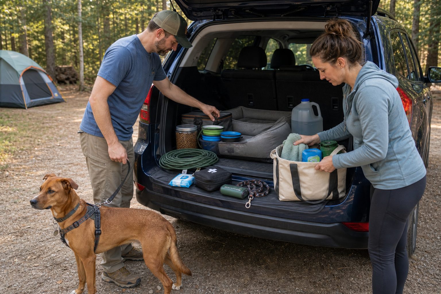 Dog owners organizing dog camping gear at an SUV tailgate with a harnessed dog at a wooded campground