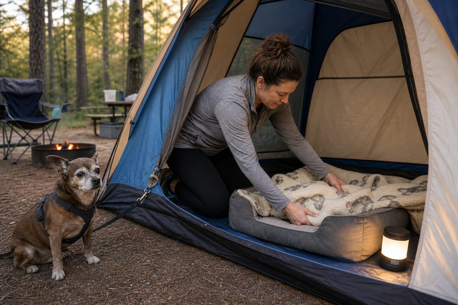 Dog sleeping setup inside a tent at a campground