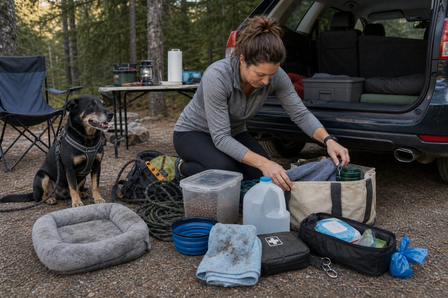 Dog owner reorganizing messy dog camping gear beside an SUV at a wooded campsite while a harnessed dog waits nearby